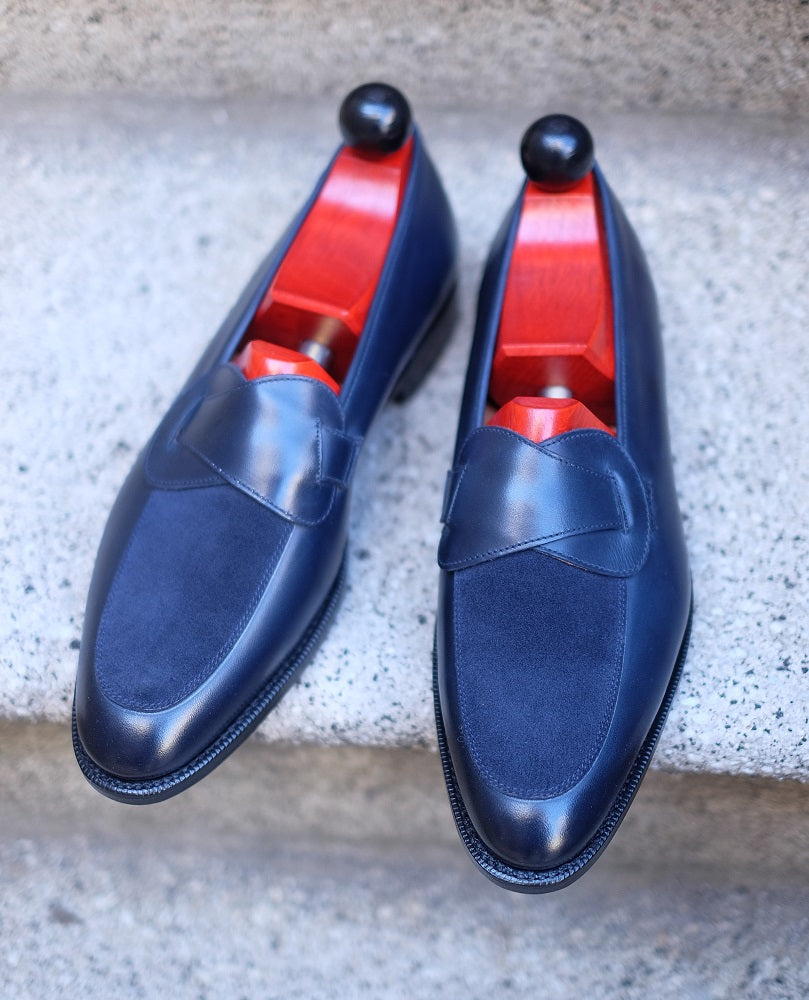 Meridian - MTO - Midnight Calf / Navy Suede - TMG Last - Single Leather Sole-Made To Order Butterfly Loafer-J.FitzPatrick Footwear