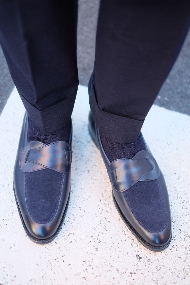 Meridian - MTO - Midnight Calf / Navy Suede - TMG Last - Single Leather Sole-Made To Order Butterfly Loafer-J.FitzPatrick Footwear