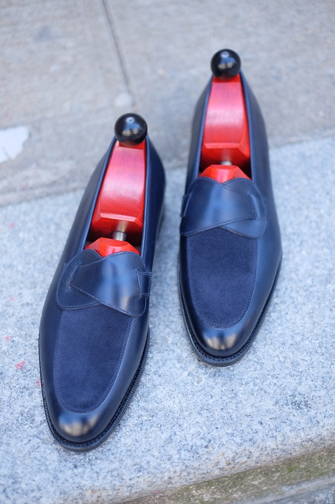 Meridian - MTO - Midnight Calf / Navy Suede - TMG Last - Single Leather Sole-Made To Order Butterfly Loafer-J.FitzPatrick Footwear
