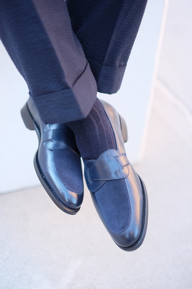 Meridian - MTO - Midnight Calf / Navy Suede - TMG Last - Single Leather Sole-Made To Order Butterfly Loafer-J.FitzPatrick Footwear