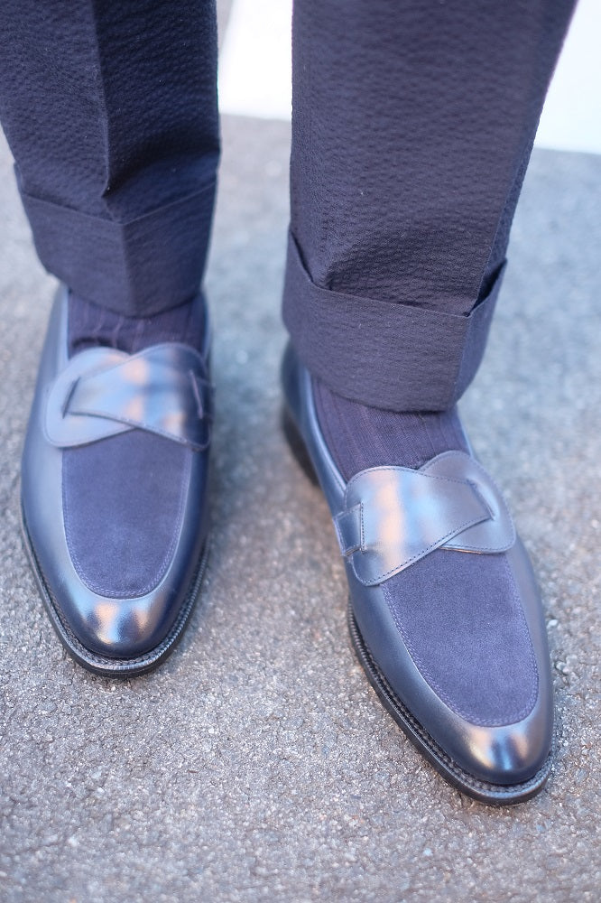 Meridian - MTO - Midnight Calf / Navy Suede - TMG Last - Single Leather Sole-Made To Order Butterfly Loafer-J.FitzPatrick Footwear