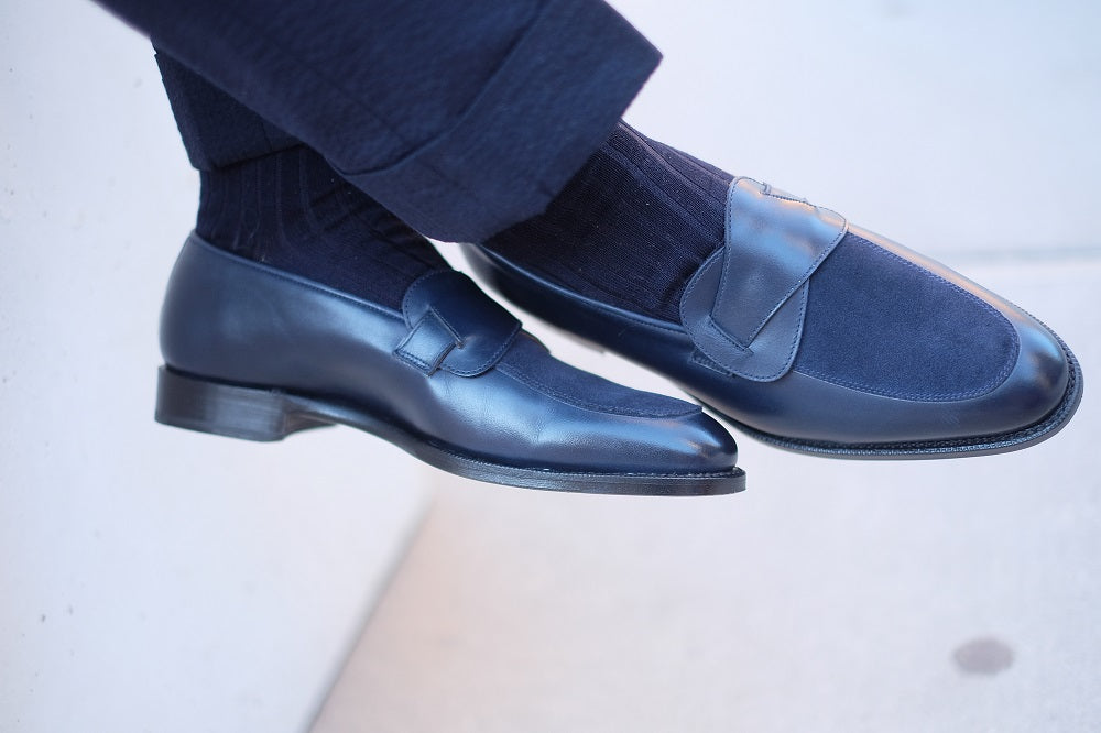 Meridian - MTO - Midnight Calf / Navy Suede - TMG Last - Single Leather Sole-Made To Order Butterfly Loafer-J.FitzPatrick Footwear
