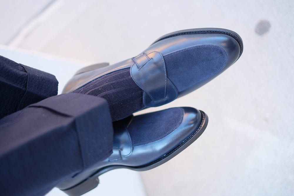 Meridian - MTO - Midnight Calf / Navy Suede - TMG Last - Single Leather Sole-Made To Order Butterfly Loafer-J.FitzPatrick Footwear