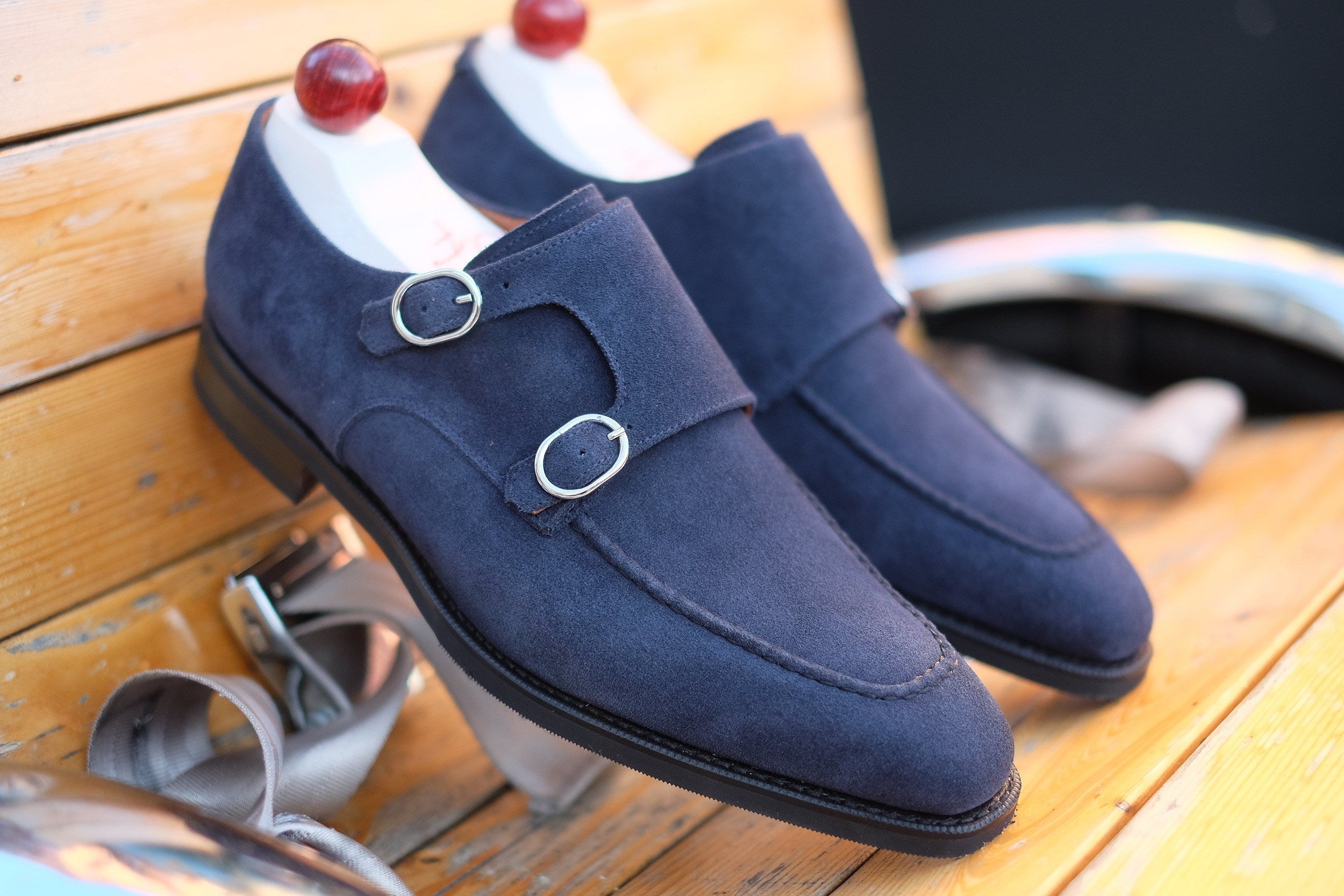 Montlake - MTO - Navy Suede-Made To Order Double Monkstrap Hand Stitched-J.FitzPatrick Footwear