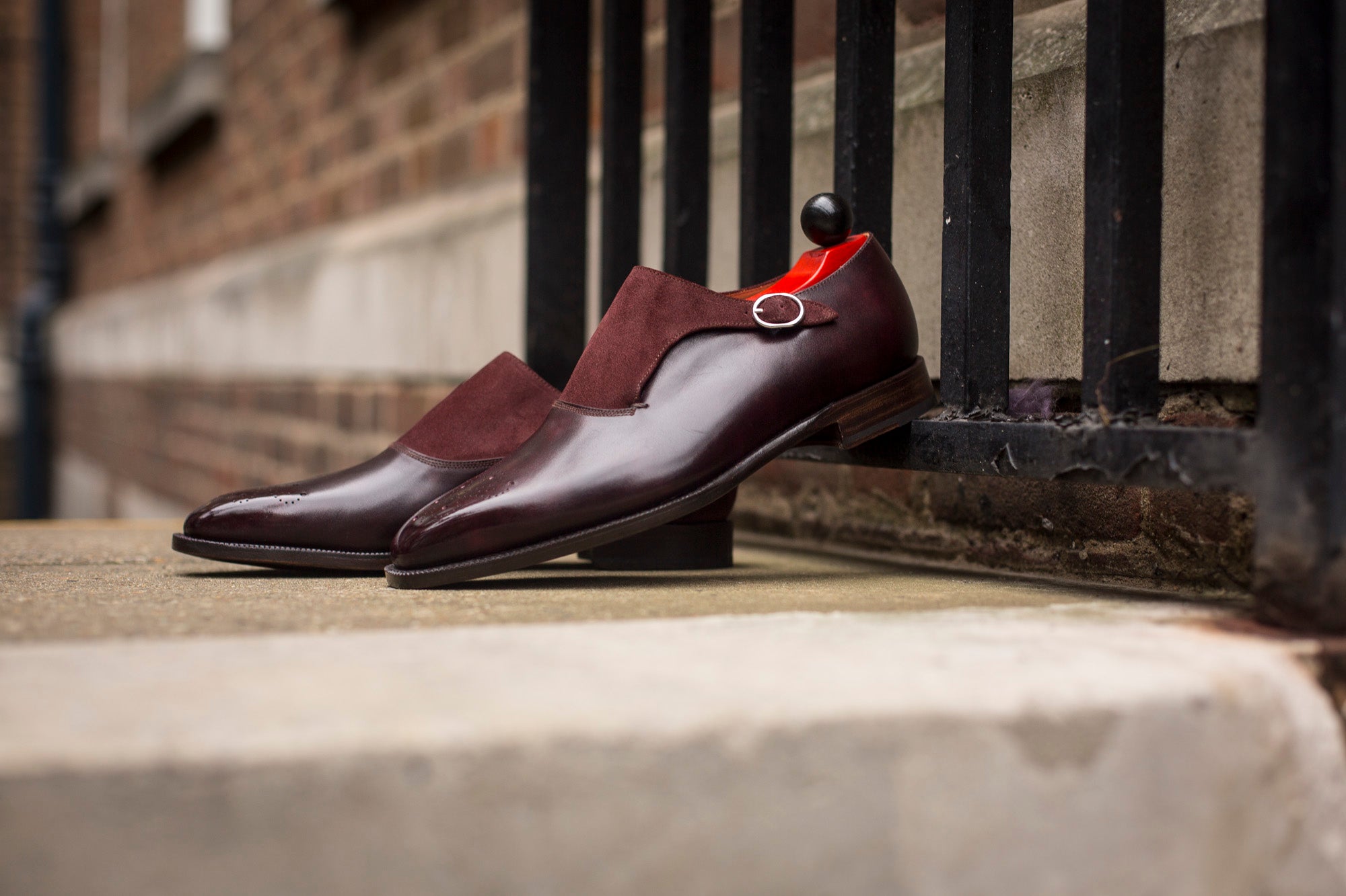 Overlake - MTO - Sangria Calf / Burgundy Suede-Made To Order Single Monkstrap Medallion-J.FitzPatrick Footwear