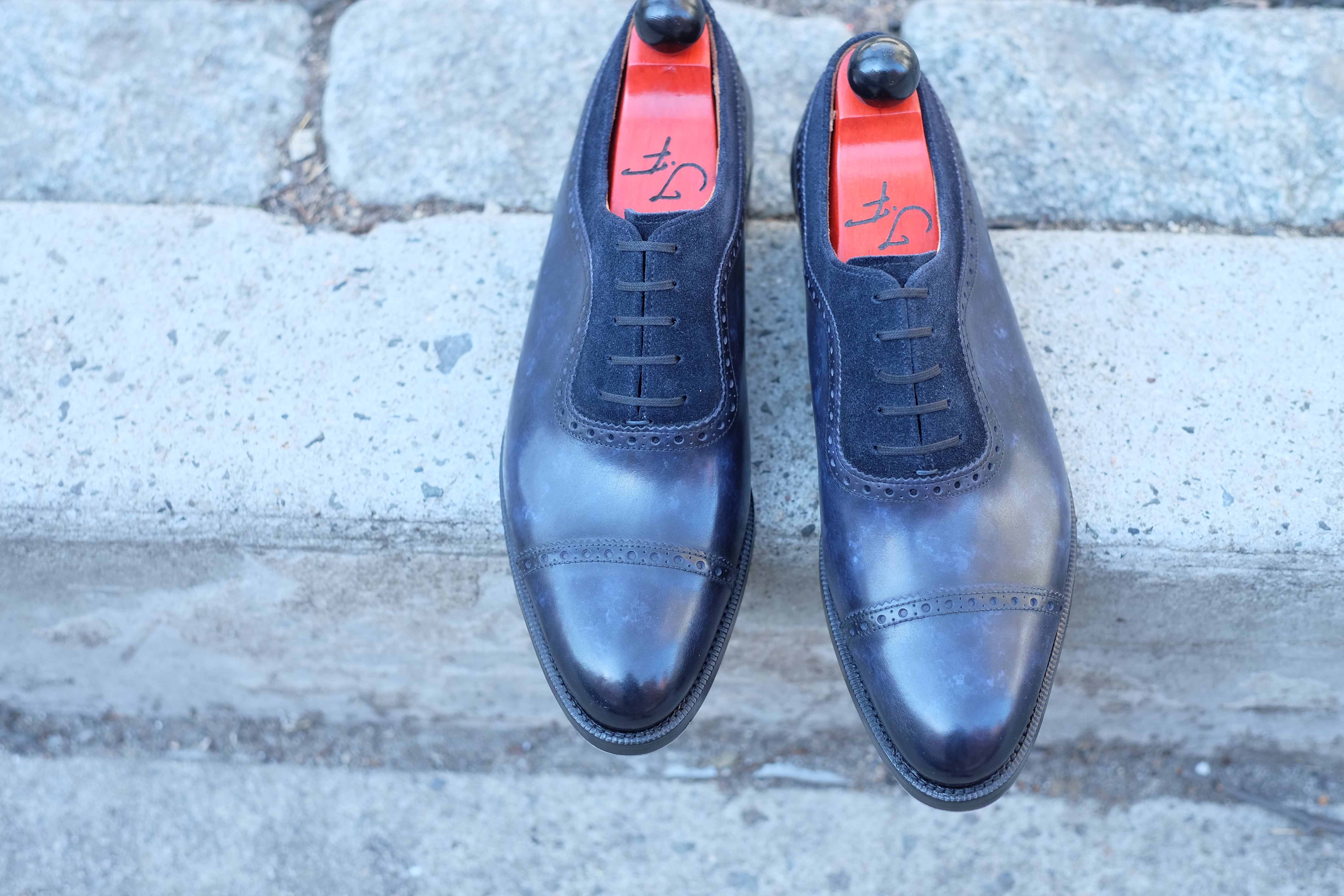 Palacio - MTO - Navy Marble Patina / Navy Suede - TMG Last - Double Leather Sole-Made To Order Cap Toe Brogue Adelaide Oxfords-J.FitzPatrick Footwear