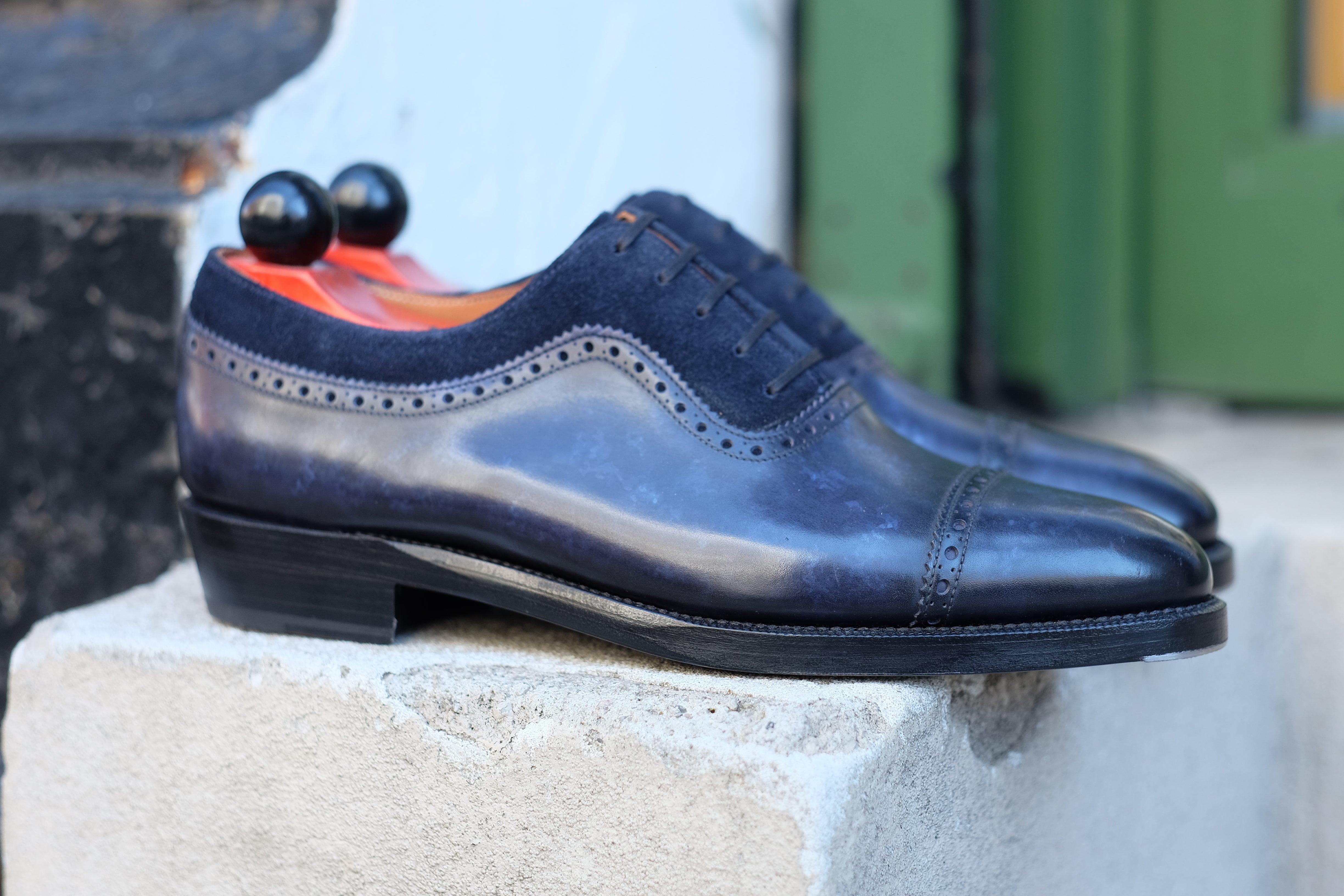 Palacio - MTO - Navy Marble Patina / Navy Suede - TMG Last - Double Leather Sole-Made To Order Cap Toe Brogue Adelaide Oxfords-J.FitzPatrick Footwear