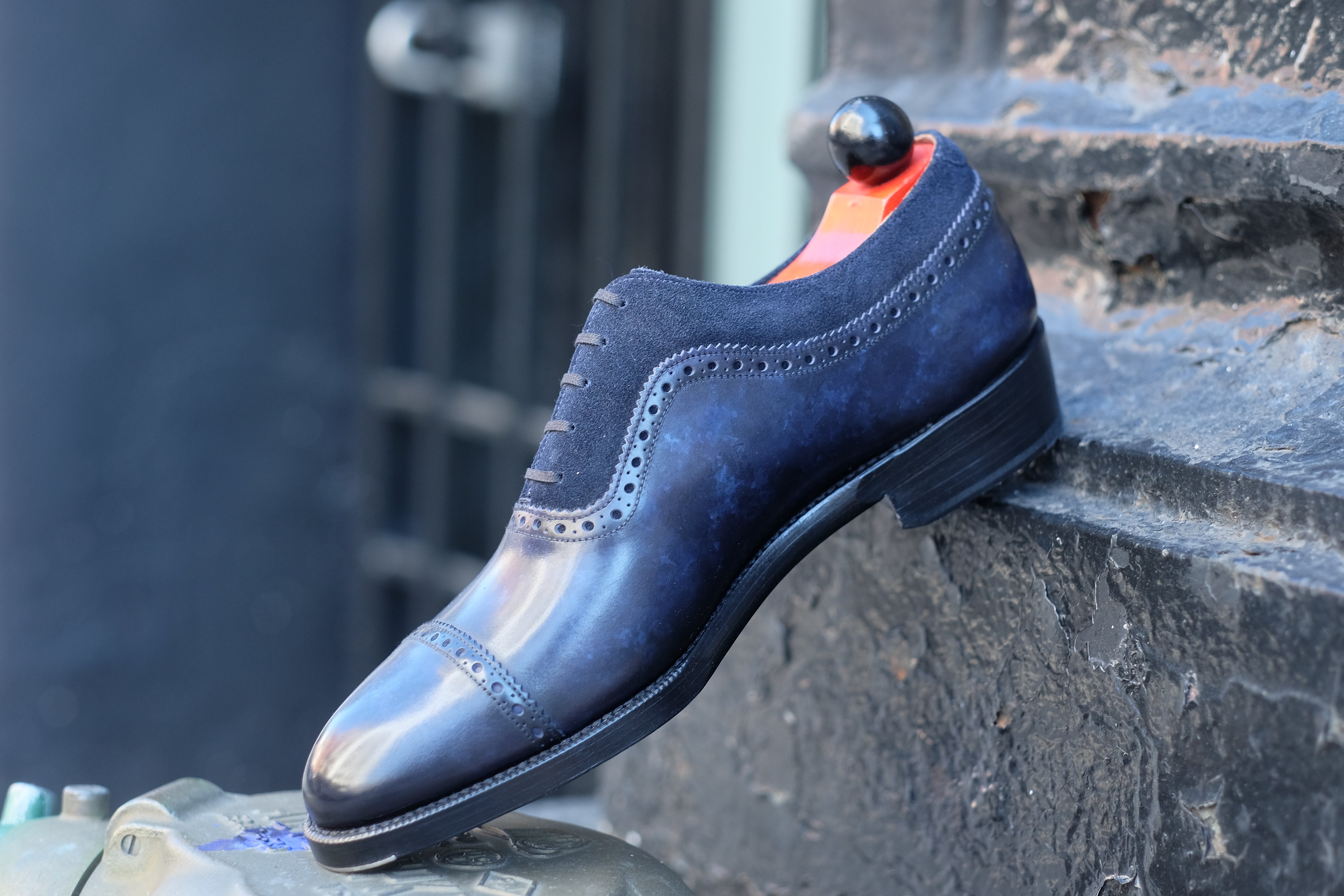 Palacio - MTO - Navy Marble Patina / Navy Suede - TMG Last - Double Leather Sole-Made To Order Cap Toe Brogue Adelaide Oxfords-J.FitzPatrick Footwear