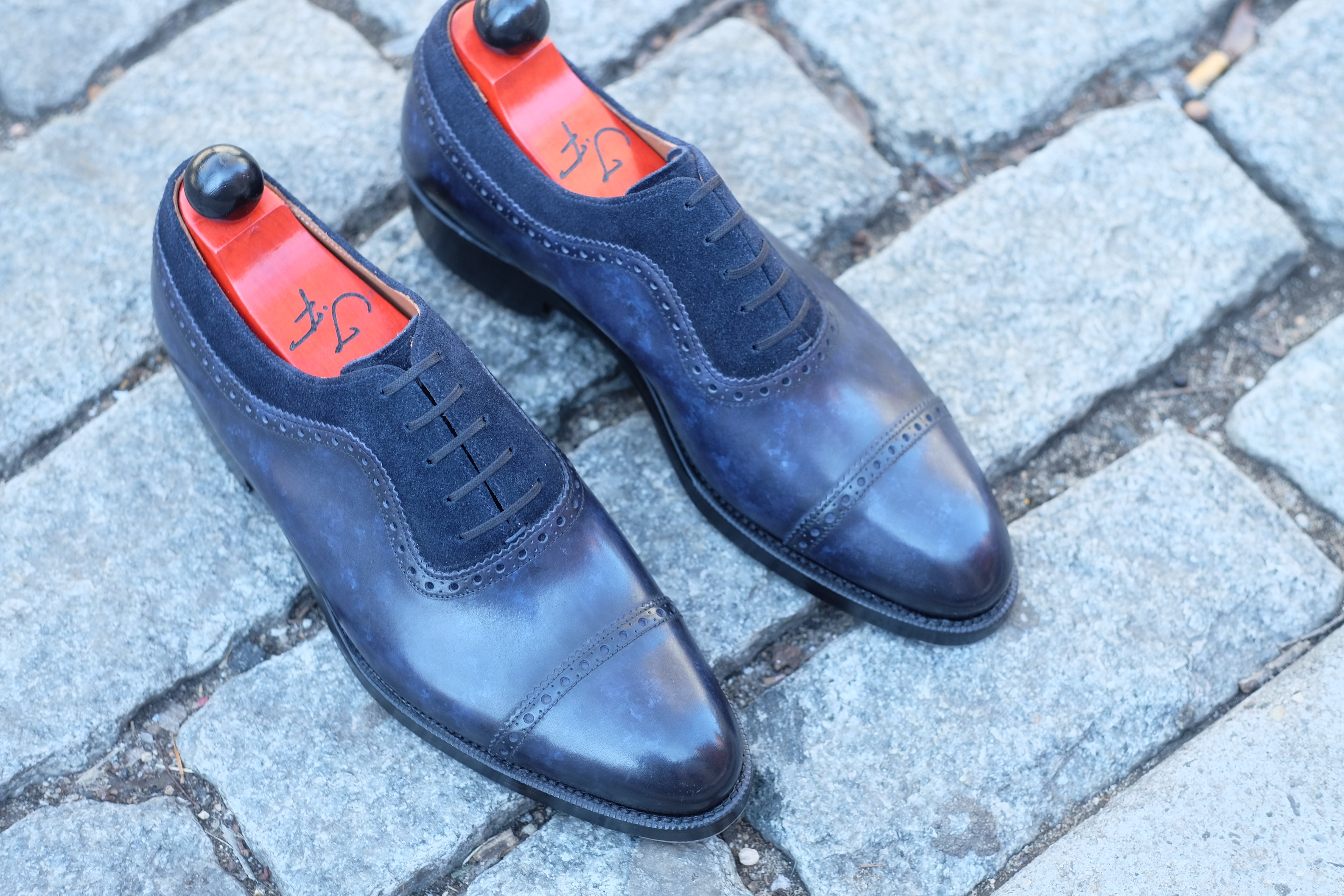Palacio - MTO - Navy Marble Patina / Navy Suede - TMG Last - Double Leather Sole-Made To Order Cap Toe Brogue Adelaide Oxfords-J.FitzPatrick Footwear