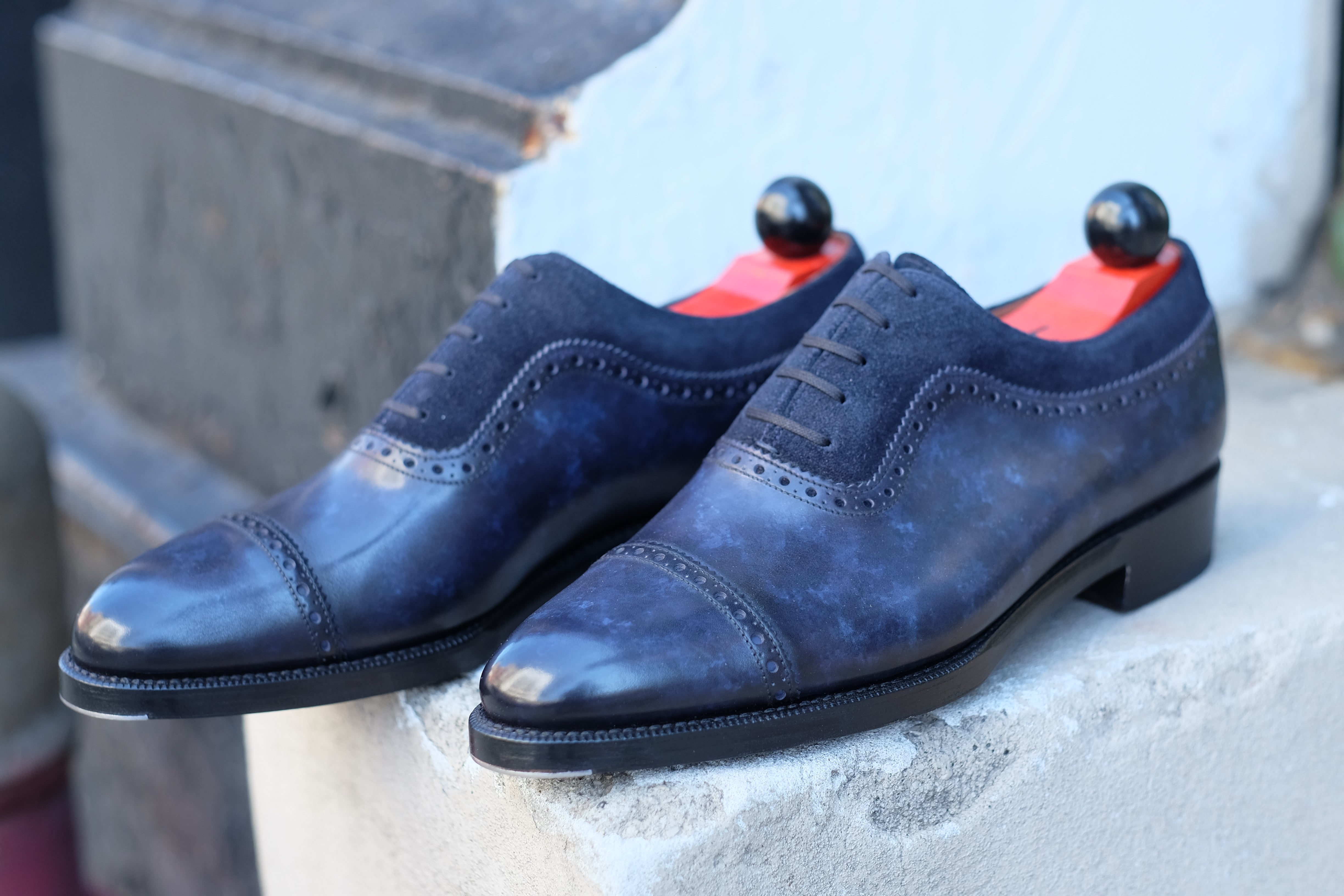 Palacio - MTO - Navy Marble Patina / Navy Suede - TMG Last - Double Leather Sole-Made To Order Cap Toe Brogue Adelaide Oxfords-J.FitzPatrick Footwear