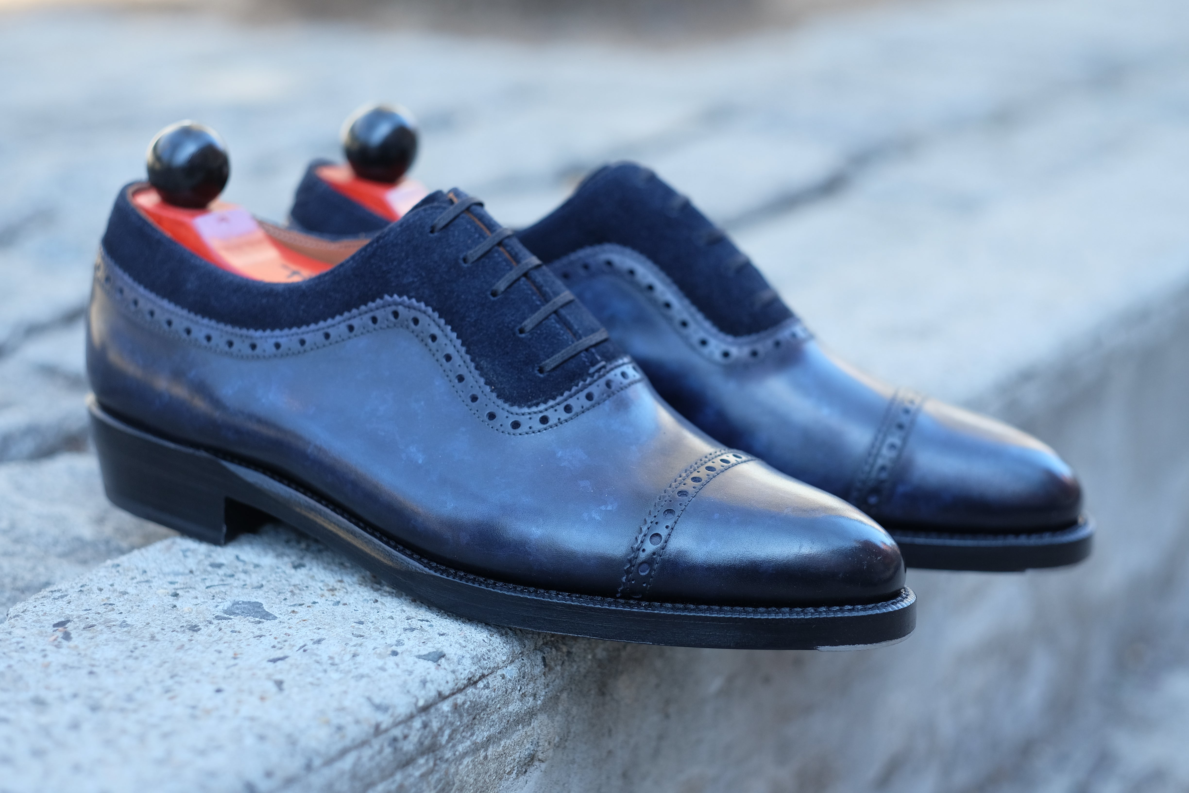 Palacio - MTO - Navy Marble Patina / Navy Suede - TMG Last - Double Leather Sole-Made To Order Cap Toe Brogue Adelaide Oxfords-J.FitzPatrick Footwear