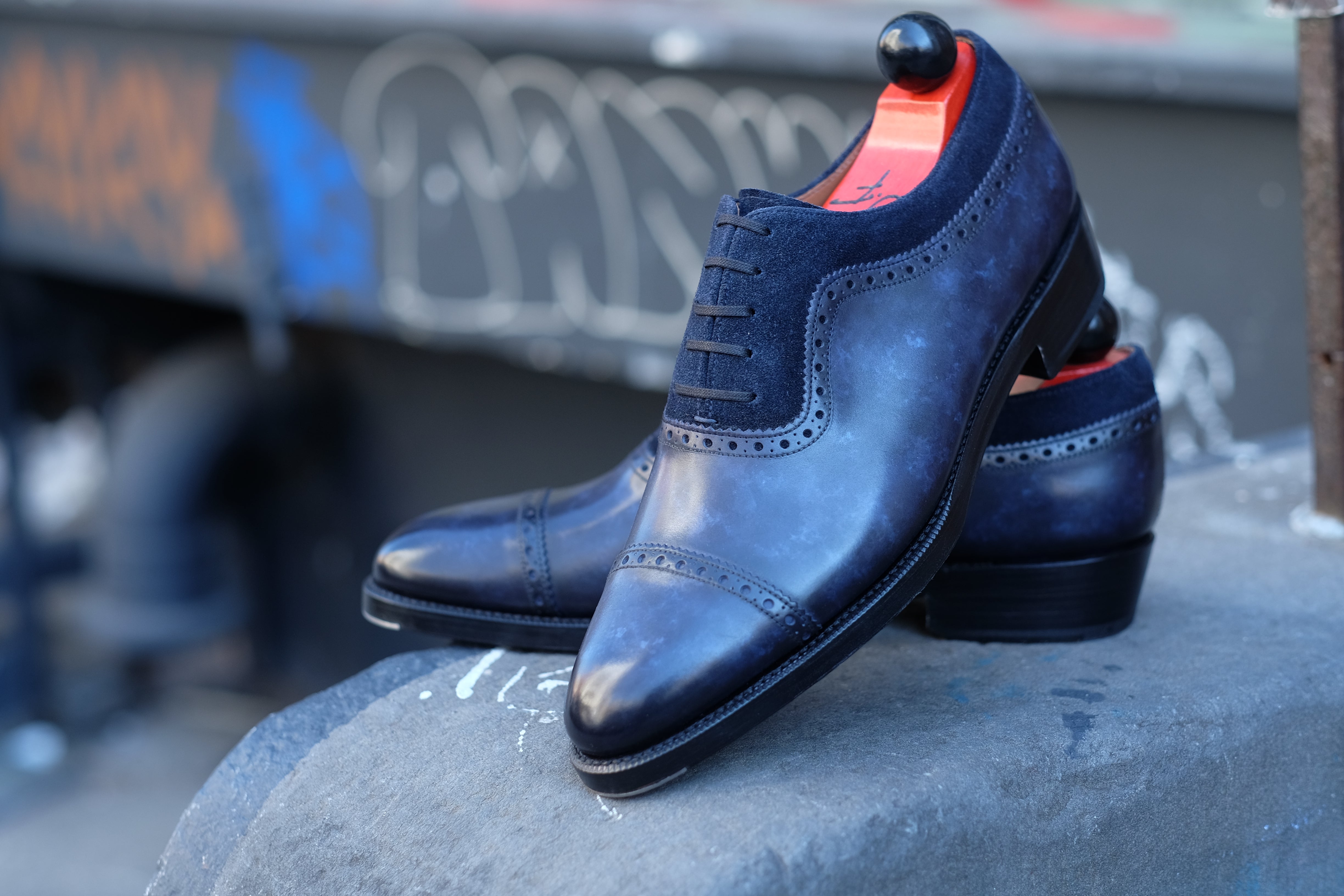 Palacio - MTO - Navy Marble Patina / Navy Suede - TMG Last - Double Leather Sole-Made To Order Cap Toe Brogue Adelaide Oxfords-J.FitzPatrick Footwear