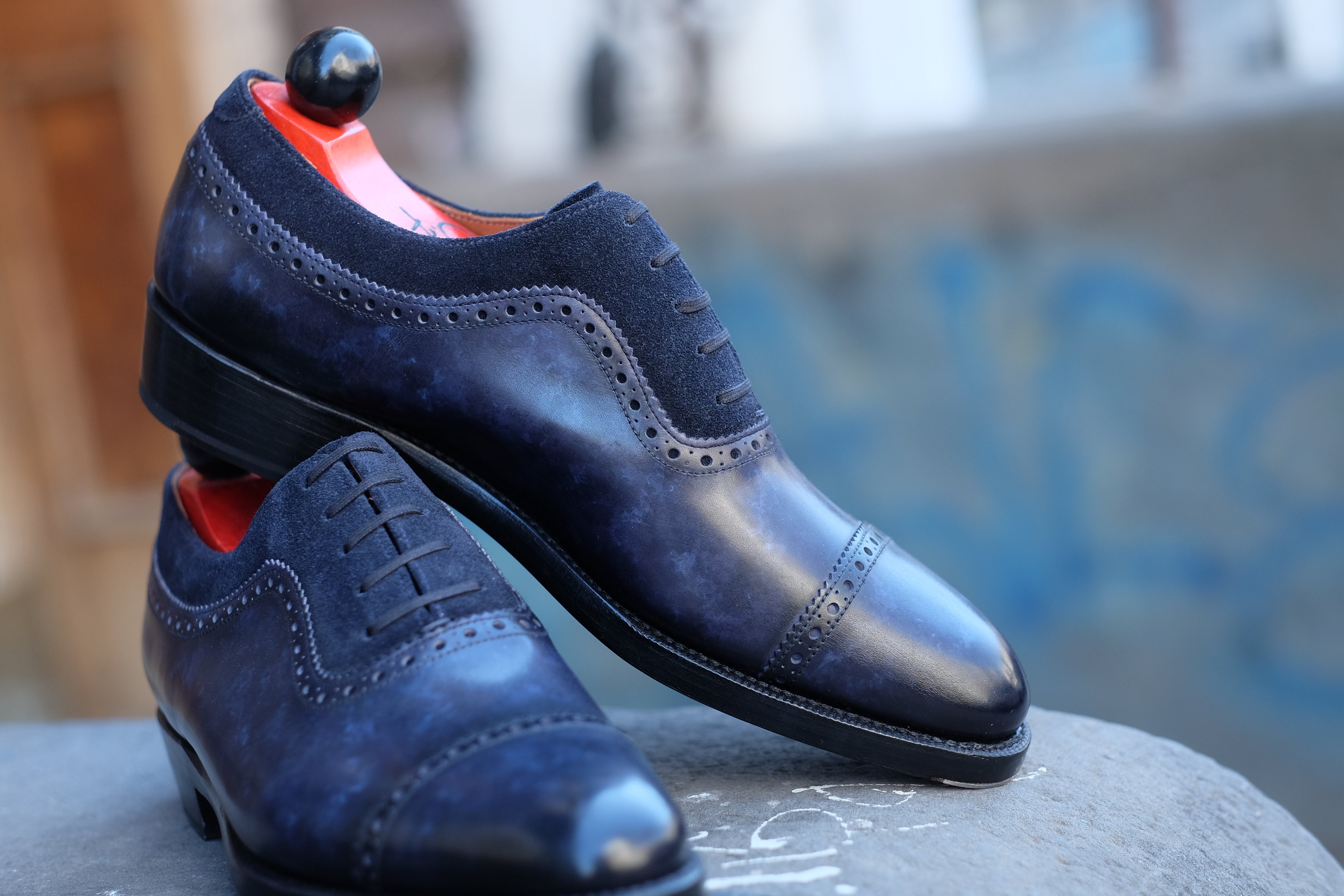 Palacio - MTO - Navy Marble Patina / Navy Suede - TMG Last - Double Leather Sole-Made To Order Cap Toe Brogue Adelaide Oxfords-J.FitzPatrick Footwear