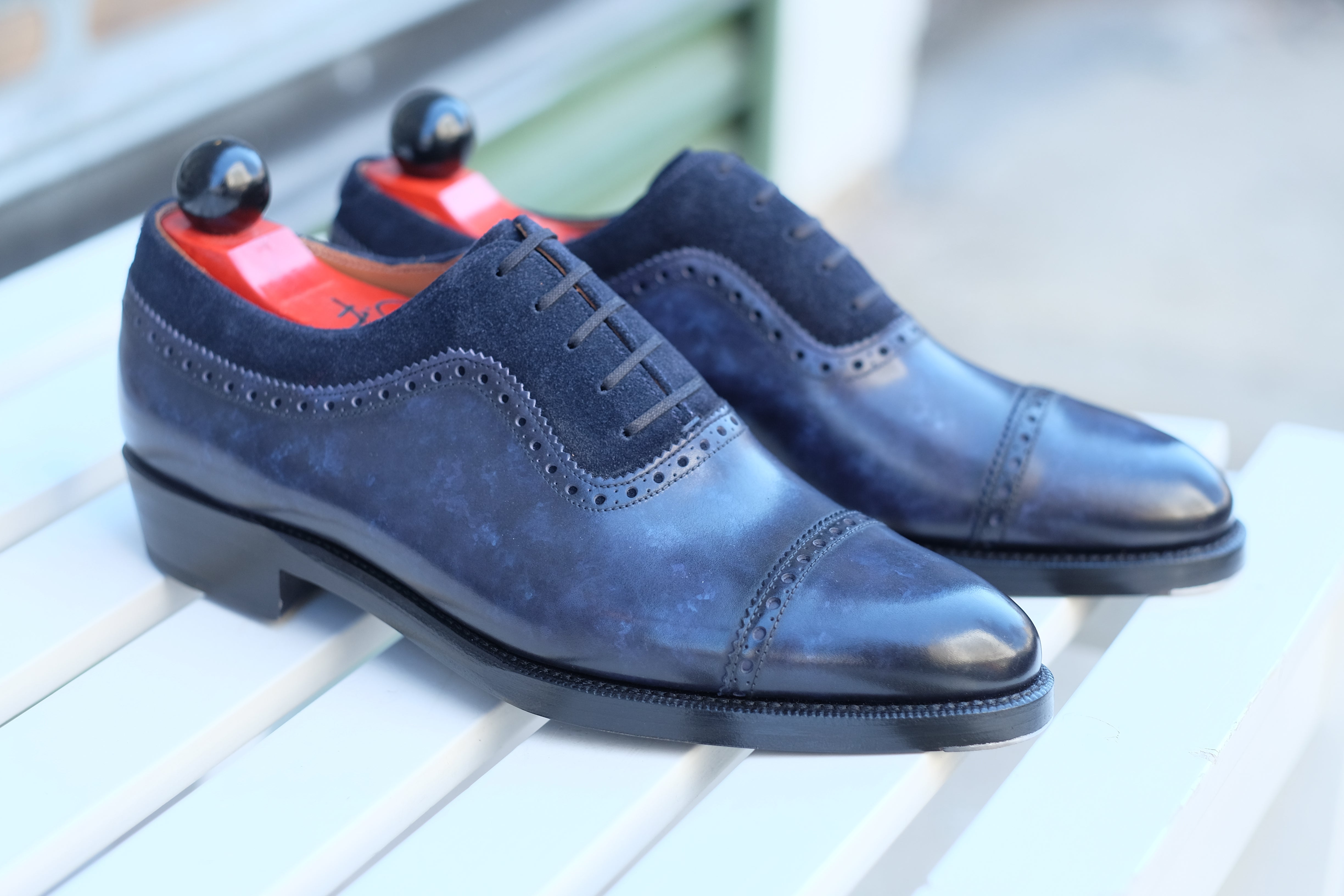 Palacio - MTO - Navy Marble Patina / Navy Suede - TMG Last - Double Leather Sole-Made To Order Cap Toe Brogue Adelaide Oxfords-J.FitzPatrick Footwear