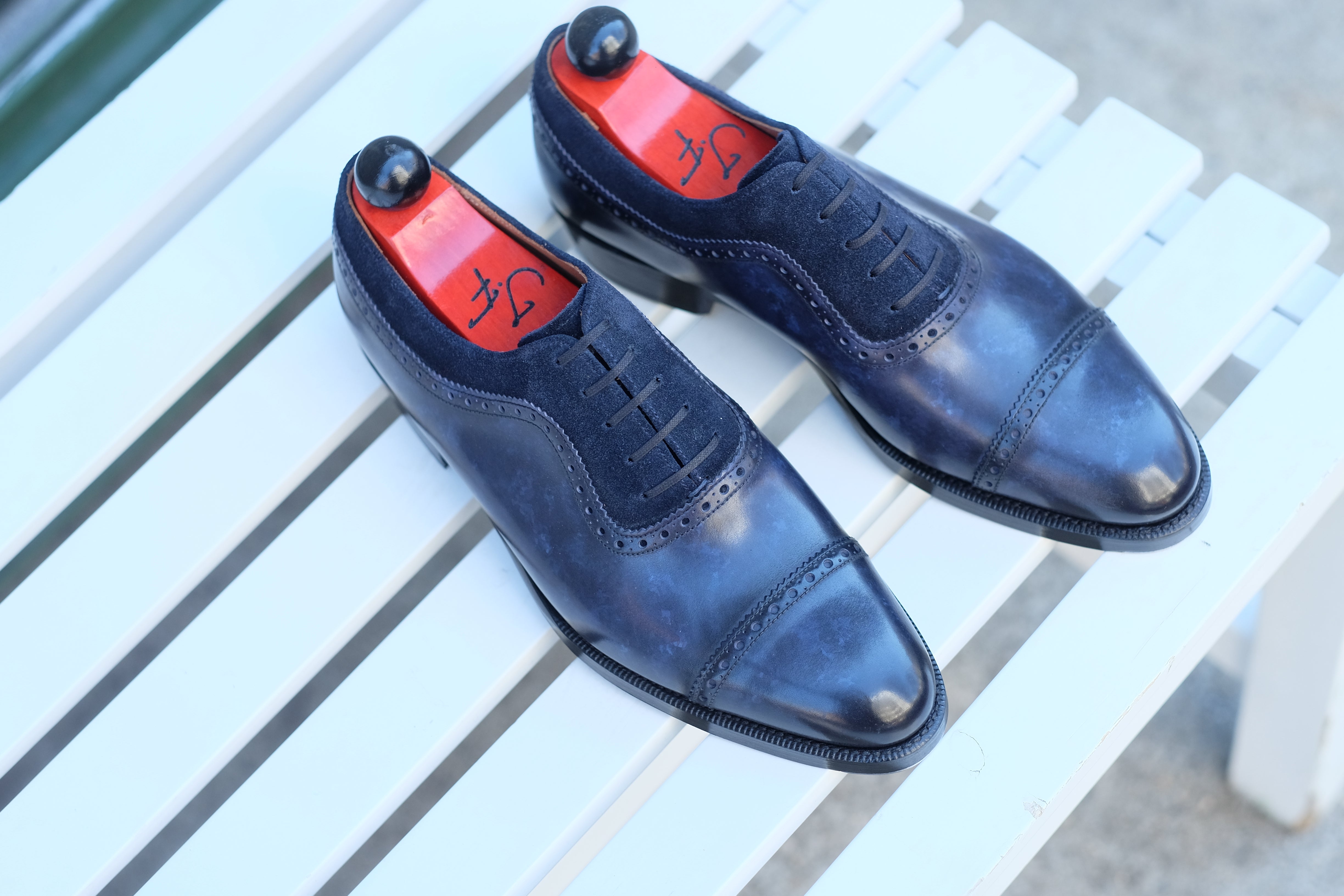 Palacio - MTO - Navy Marble Patina / Navy Suede - TMG Last - Double Leather Sole-Made To Order Cap Toe Brogue Adelaide Oxfords-J.FitzPatrick Footwear