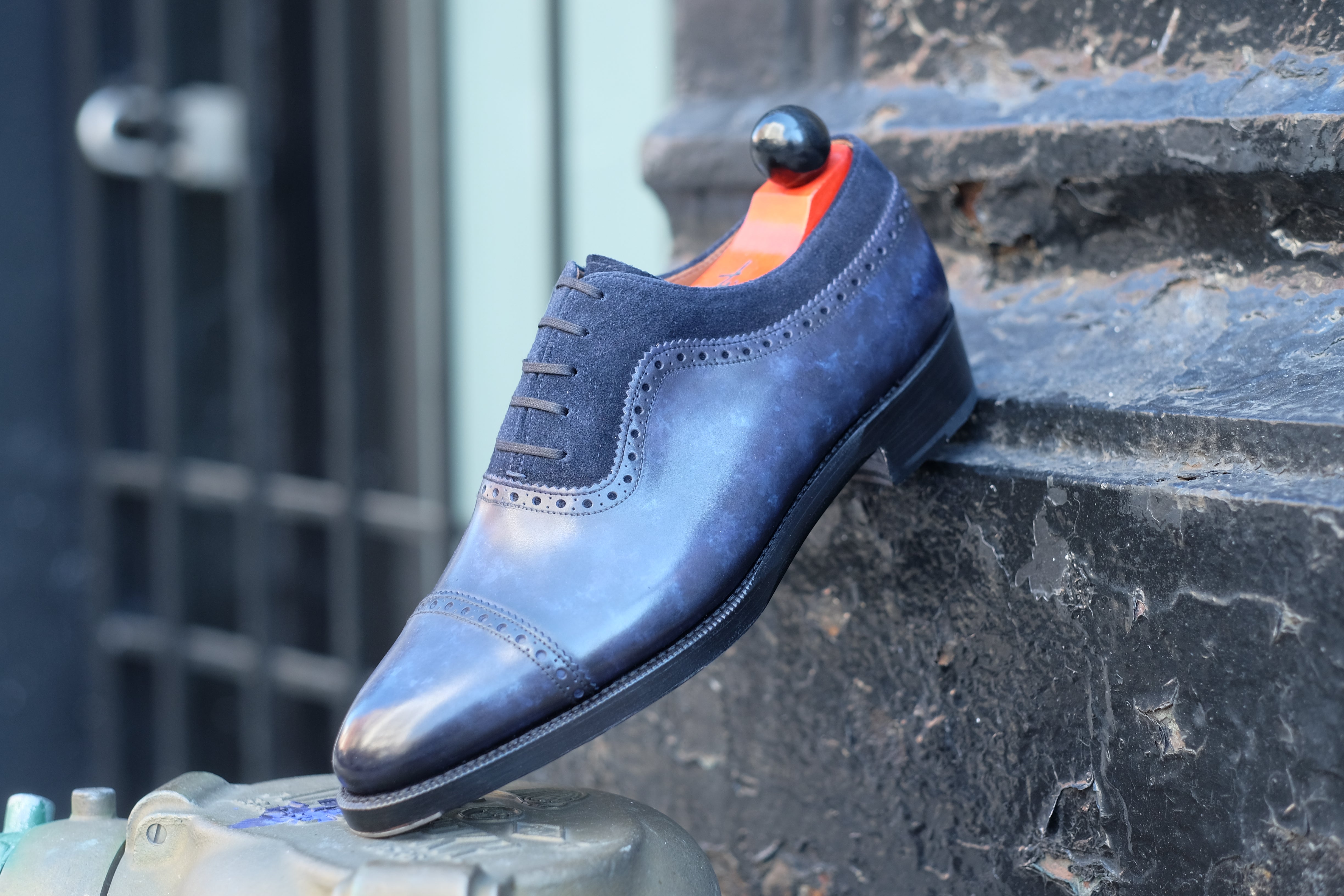 Palacio - MTO - Navy Marble Patina / Navy Suede - TMG Last - Double Leather Sole-Made To Order Cap Toe Brogue Adelaide Oxfords-J.FitzPatrick Footwear