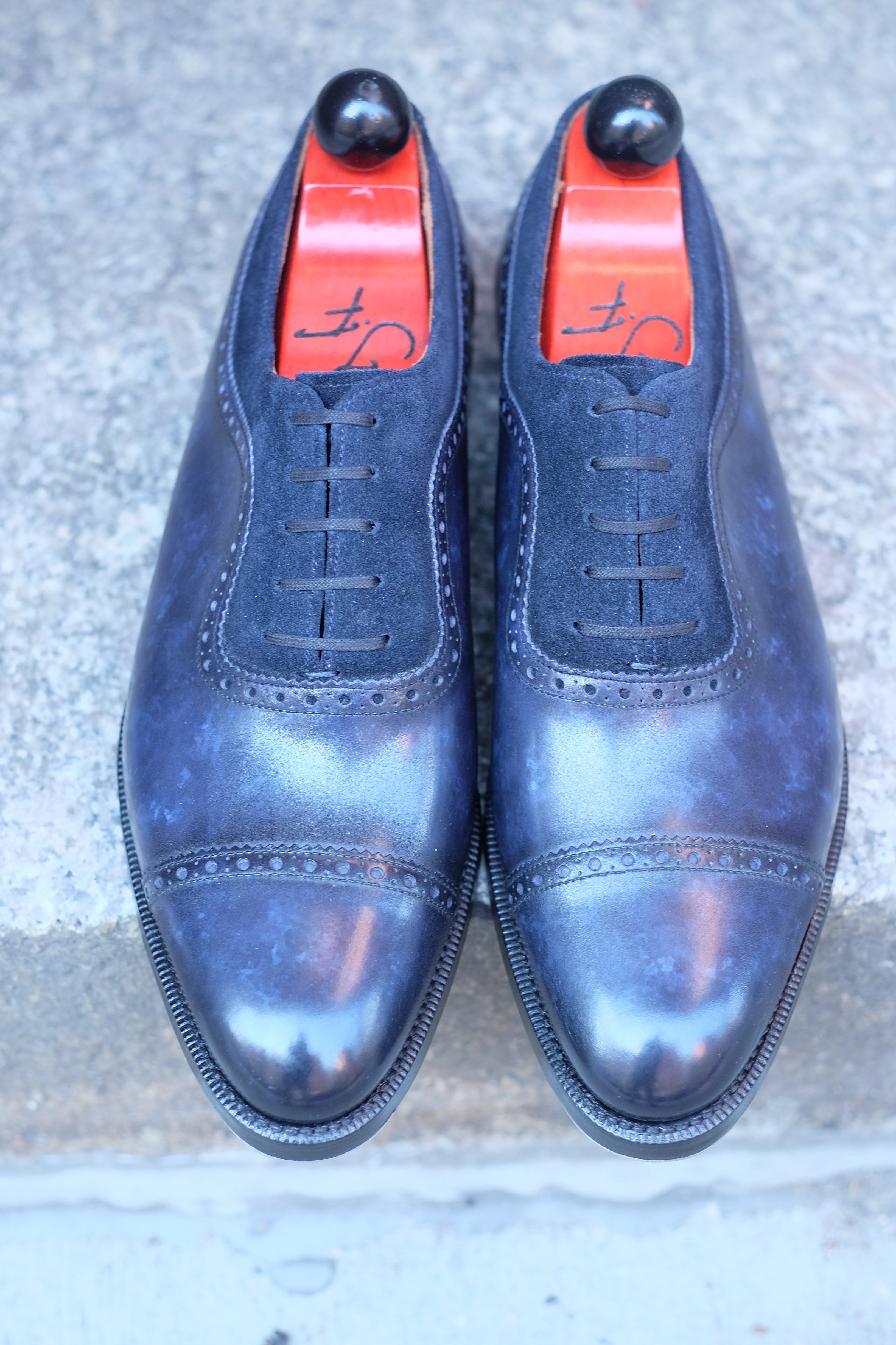 Palacio - MTO - Navy Marble Patina / Navy Suede - TMG Last - Double Leather Sole-Made To Order Cap Toe Brogue Adelaide Oxfords-J.FitzPatrick Footwear
