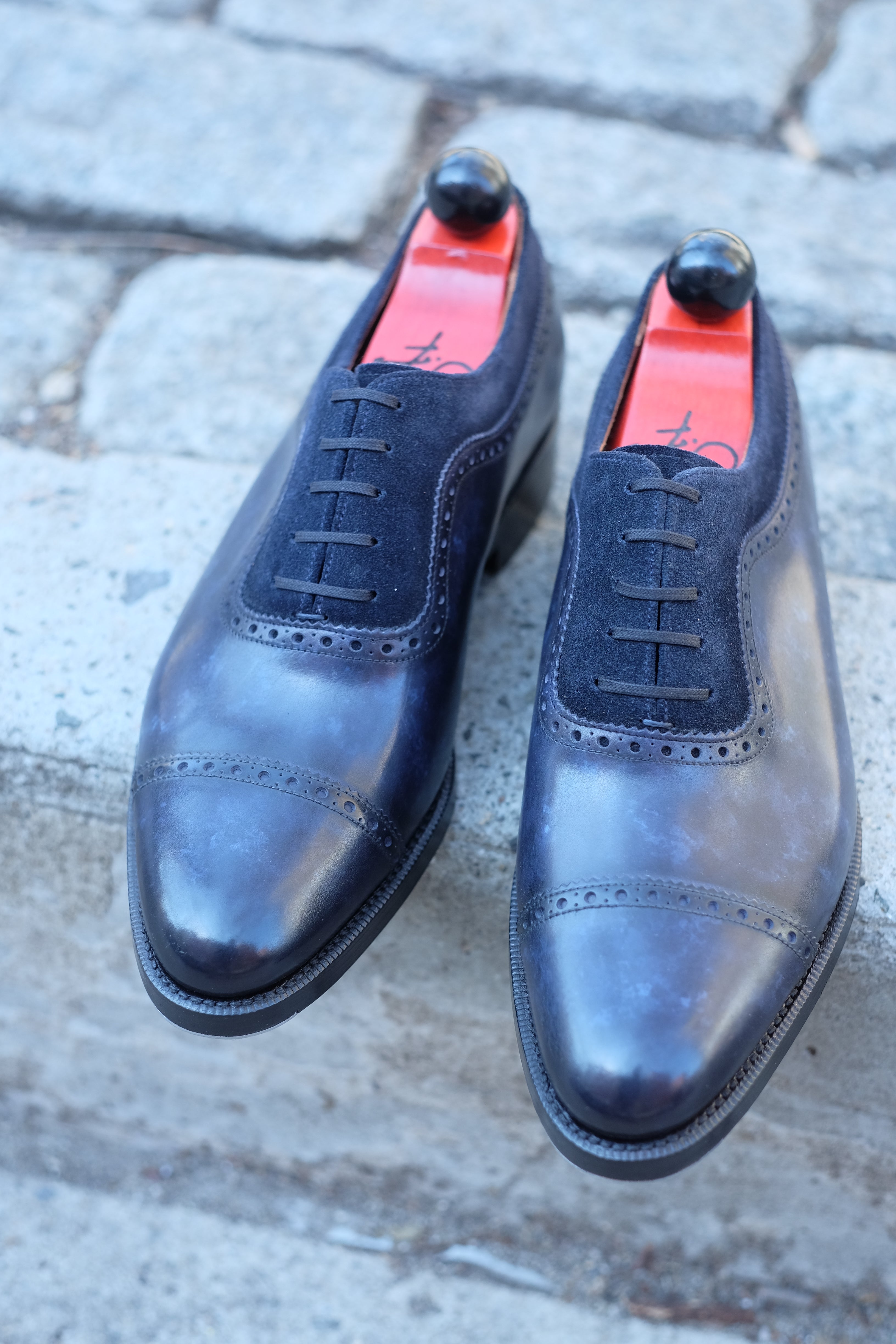 Palacio - MTO - Navy Marble Patina / Navy Suede - TMG Last - Double Leather Sole-Made To Order Cap Toe Brogue Adelaide Oxfords-J.FitzPatrick Footwear