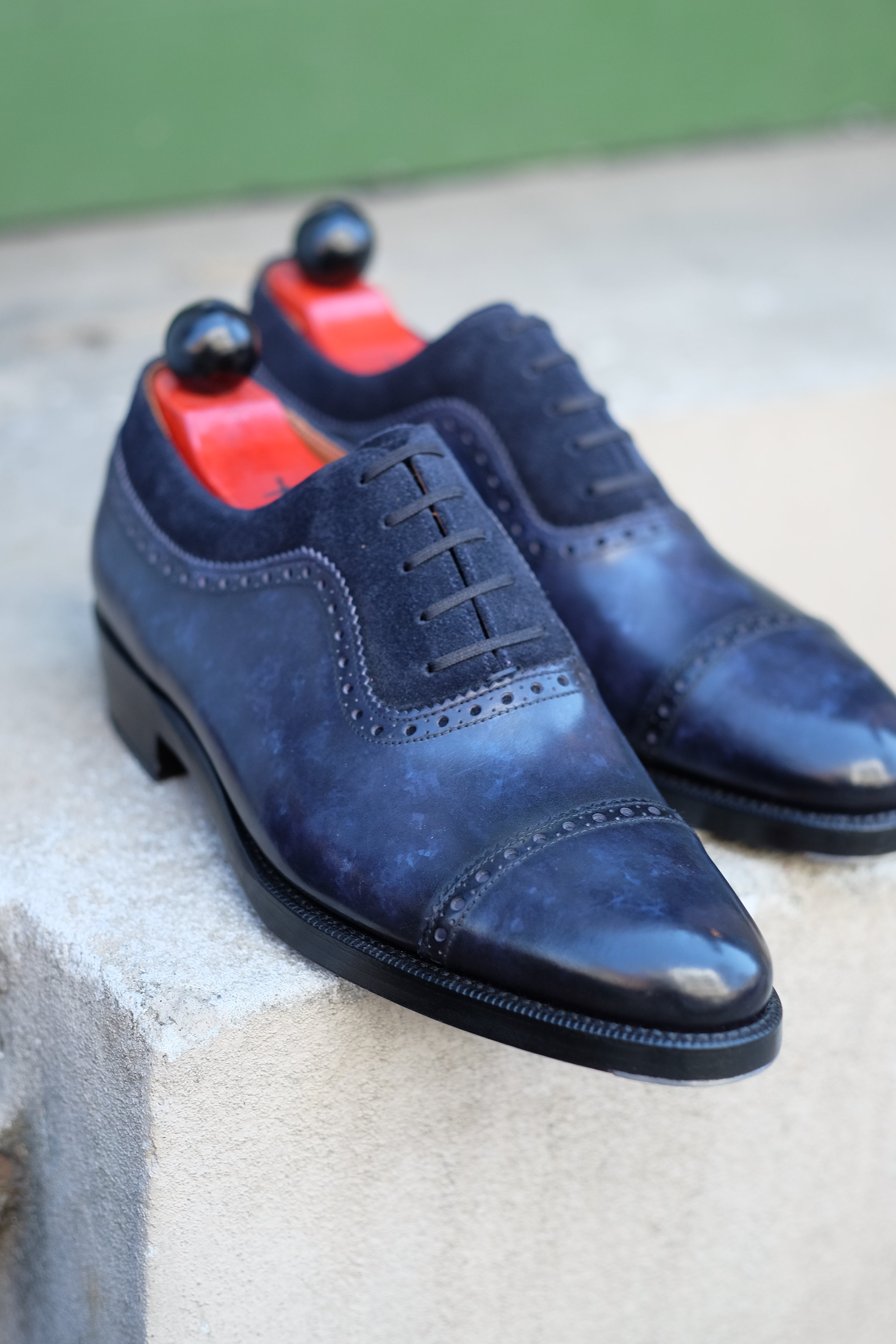 Palacio - MTO - Navy Marble Patina / Navy Suede - TMG Last - Double Leather Sole-Made To Order Cap Toe Brogue Adelaide Oxfords-J.FitzPatrick Footwear