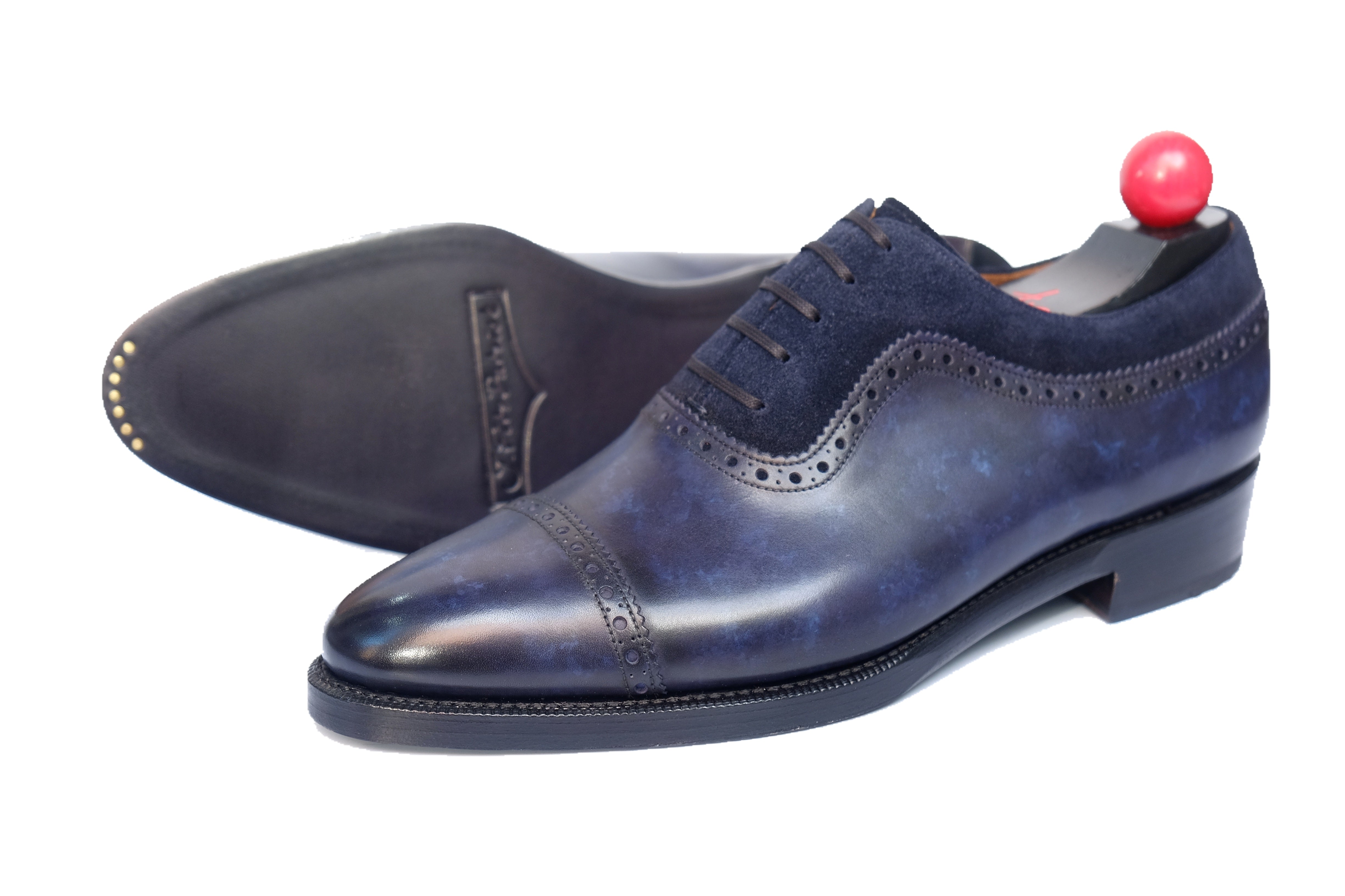 Palacio - MTO - Navy Marble Patina / Navy Suede - TMG Last - Double Leather Sole-Made To Order Cap Toe Brogue Adelaide Oxfords-J.FitzPatrick Footwear