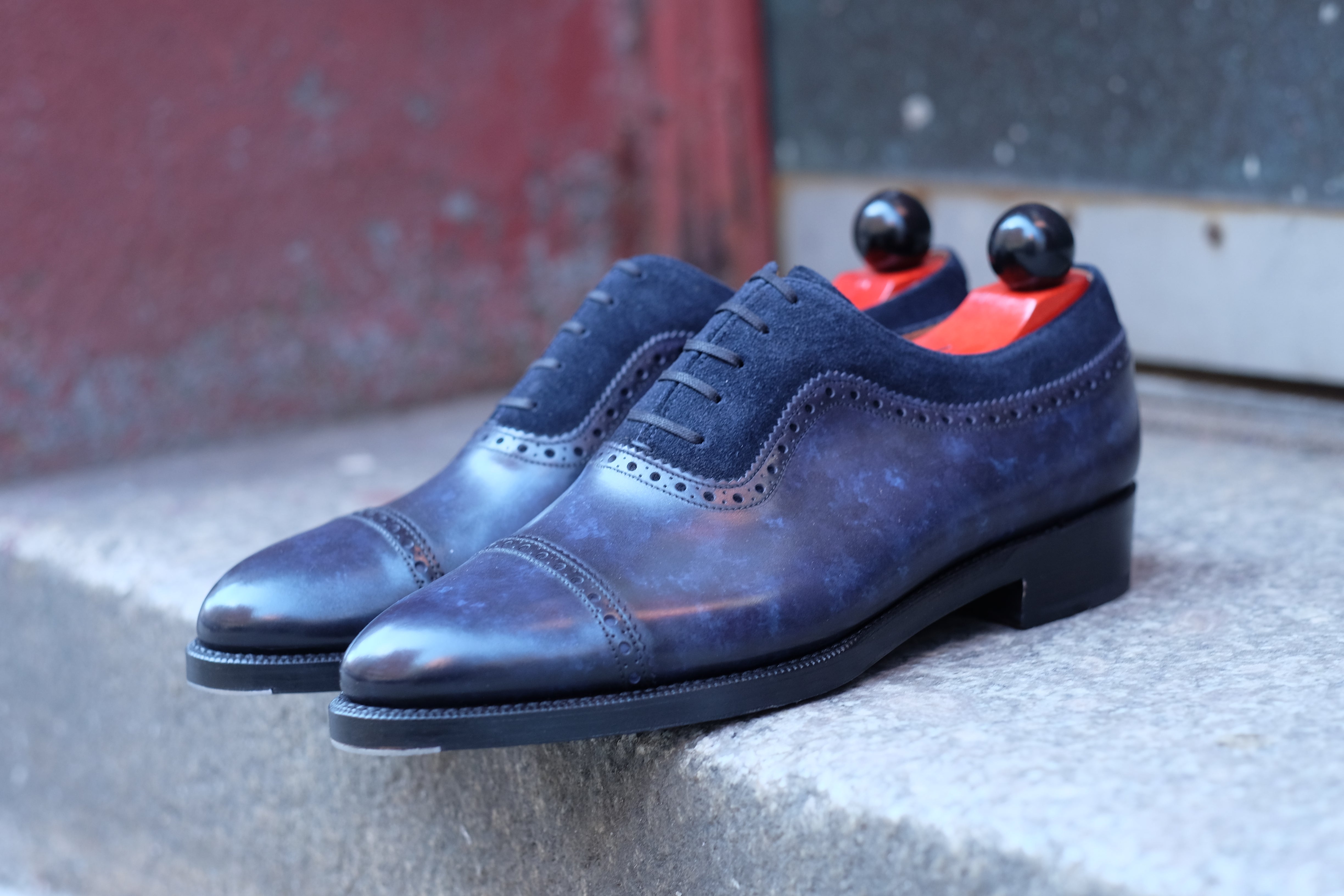 Palacio - MTO - Navy Marble Patina / Navy Suede - TMG Last - Double Leather Sole-Made To Order Cap Toe Brogue Adelaide Oxfords-J.FitzPatrick Footwear