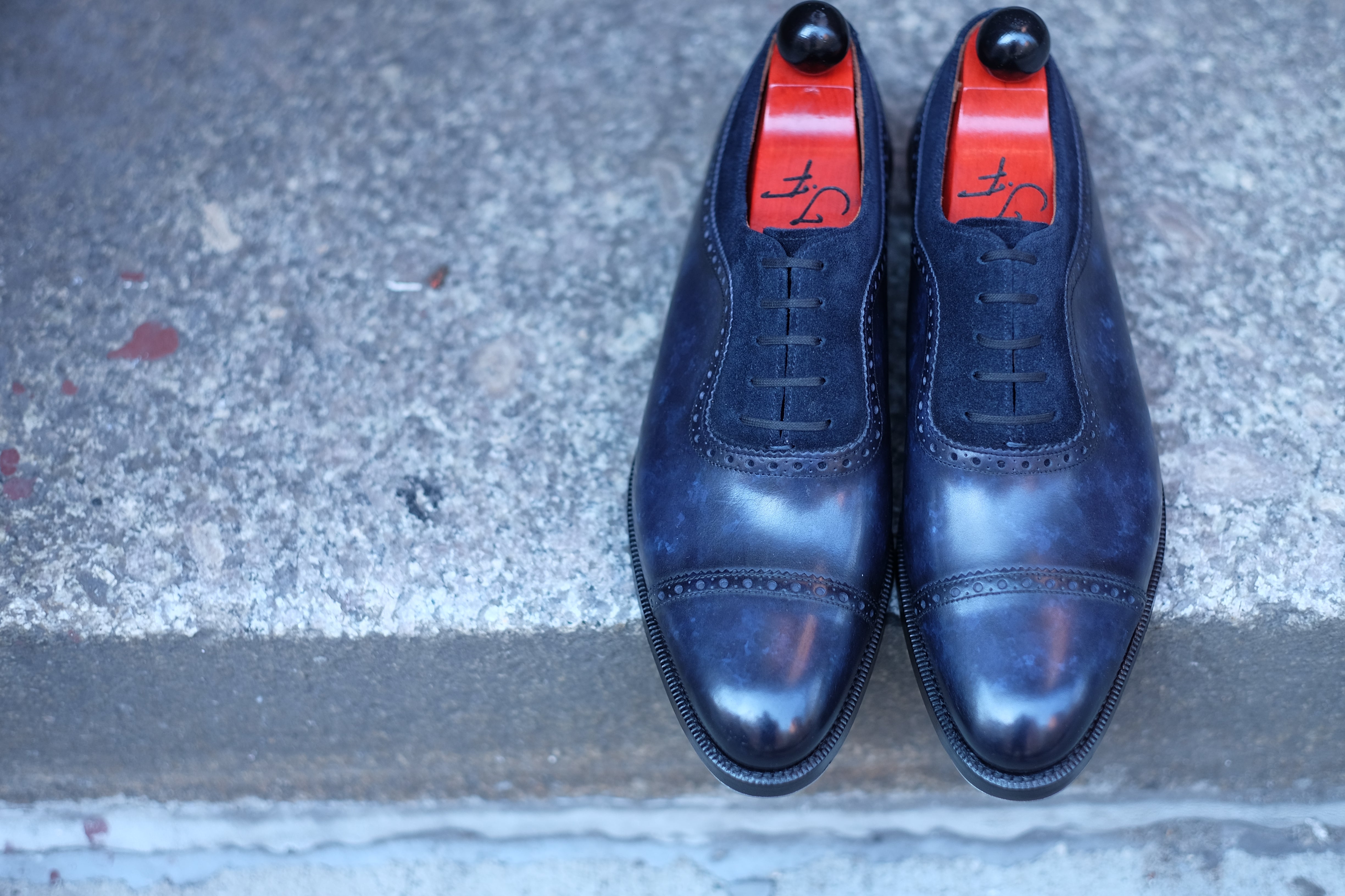Palacio - MTO - Navy Marble Patina / Navy Suede - TMG Last - Double Leather Sole-Made To Order Cap Toe Brogue Adelaide Oxfords-J.FitzPatrick Footwear