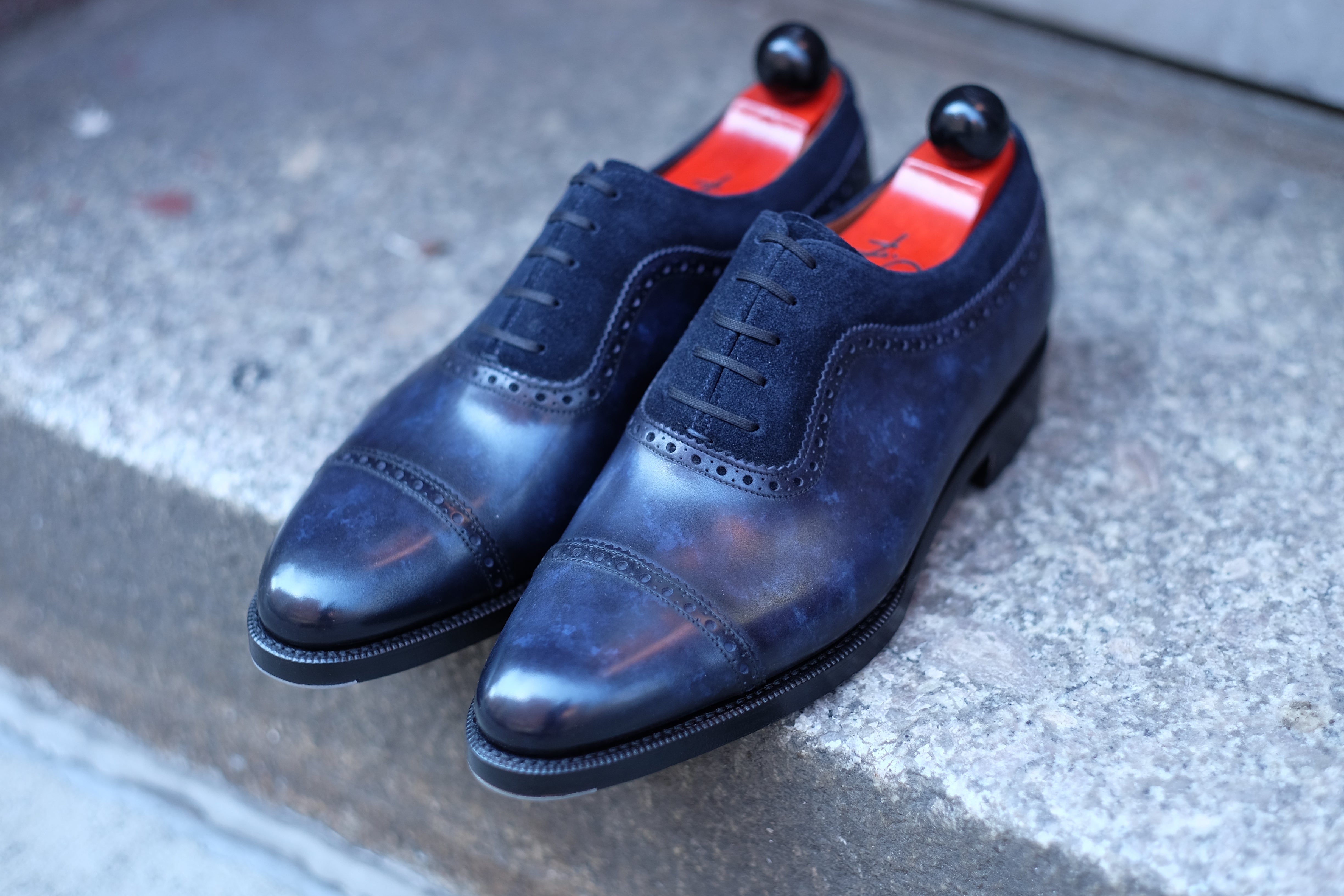 Palacio - MTO - Navy Marble Patina / Navy Suede - TMG Last - Double Leather Sole-Made To Order Cap Toe Brogue Adelaide Oxfords-J.FitzPatrick Footwear