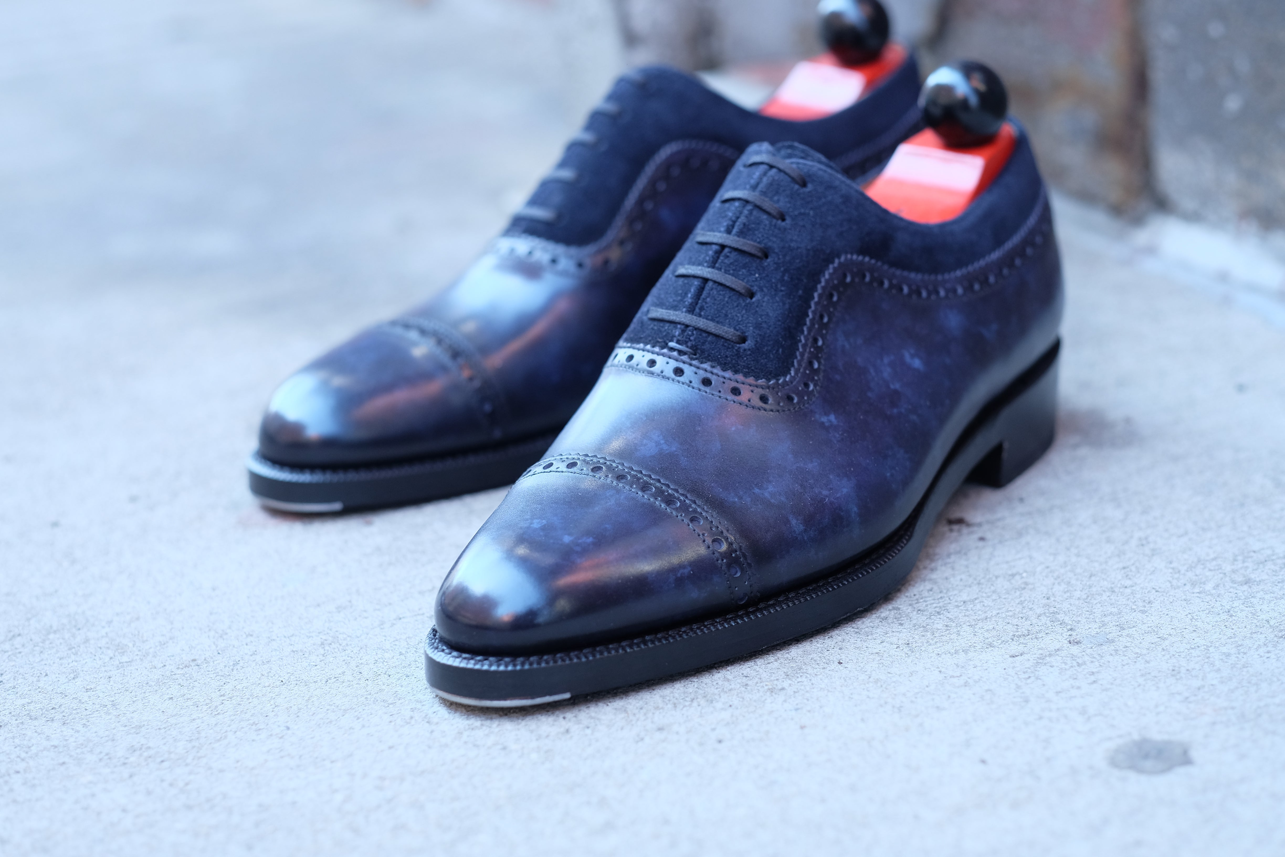 Palacio - MTO - Navy Marble Patina / Navy Suede - TMG Last - Double Leather Sole-Made To Order Cap Toe Brogue Adelaide Oxfords-J.FitzPatrick Footwear