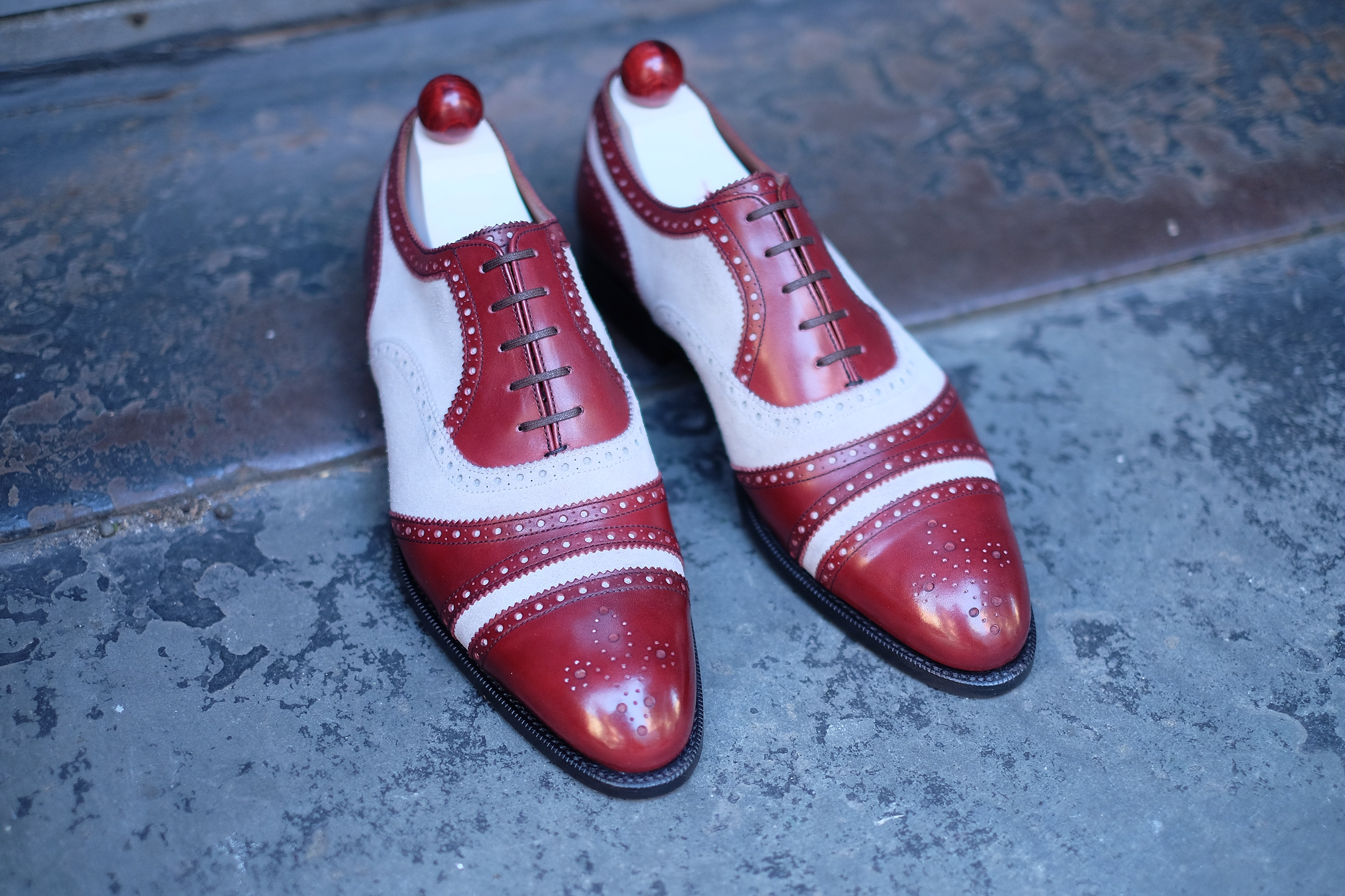 Phillips - MTO - Burgundy Calf / Pearl Suede-Made To Order Captoe Cap Toe Tarsal Brogue Spectator Oxfords-J.FitzPatrick Footwear