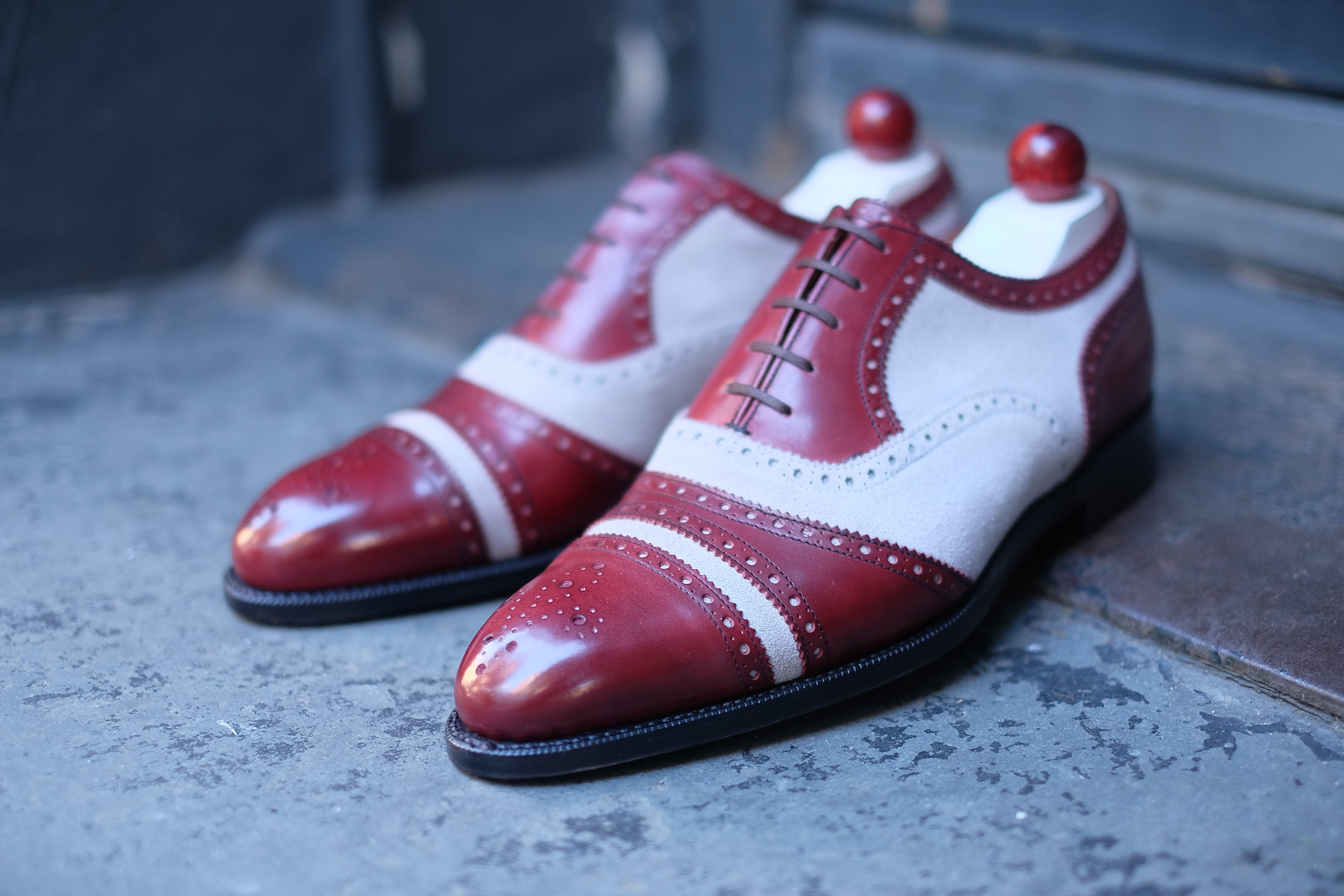 Phillips - MTO - Burgundy Calf / Pearl Suede-Made To Order Captoe Cap Toe Tarsal Brogue Spectator Oxfords-J.FitzPatrick Footwear