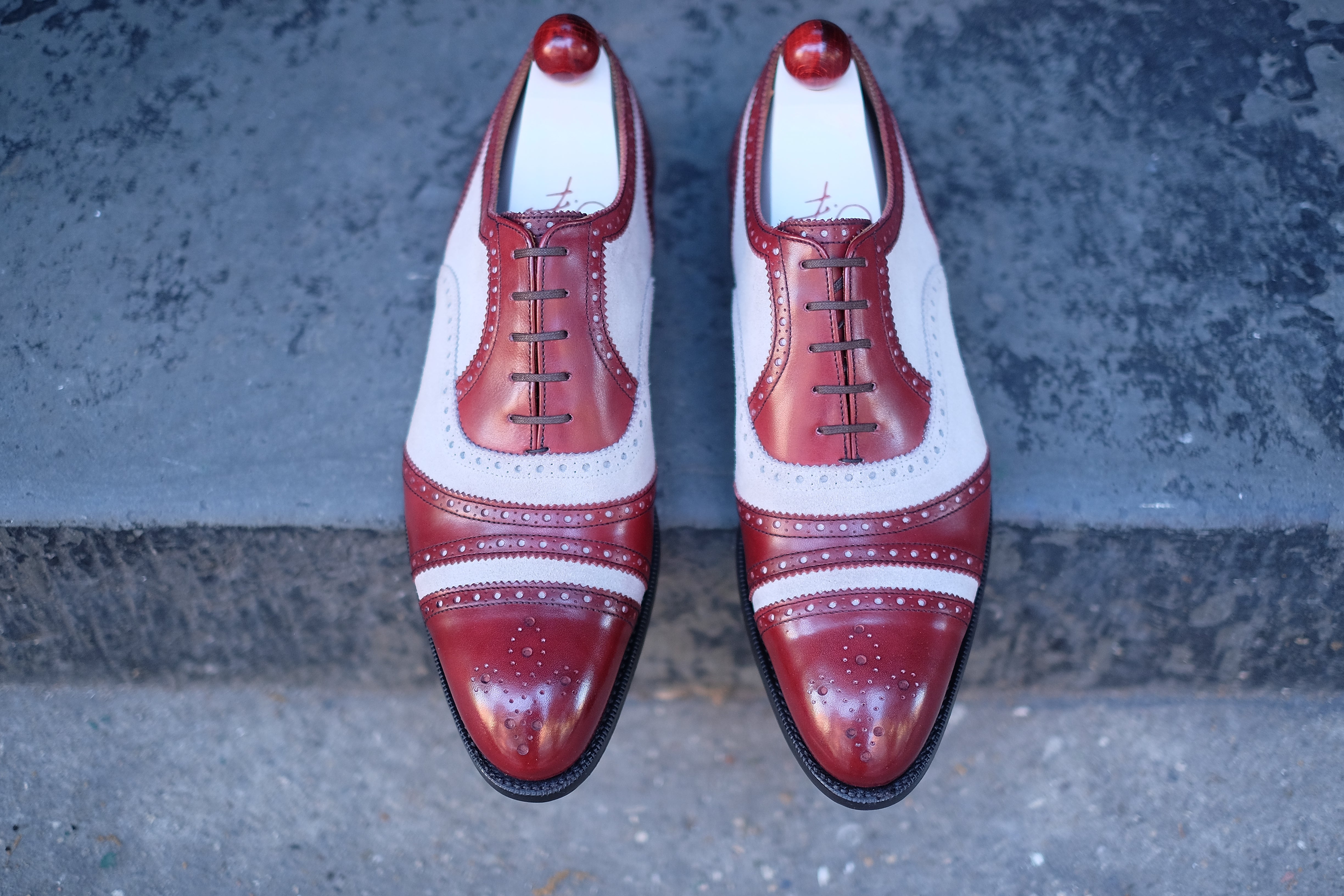 Phillips - MTO - Burgundy Calf / Pearl Suede-Made To Order Captoe Cap Toe Tarsal Brogue Spectator Oxfords-J.FitzPatrick Footwear