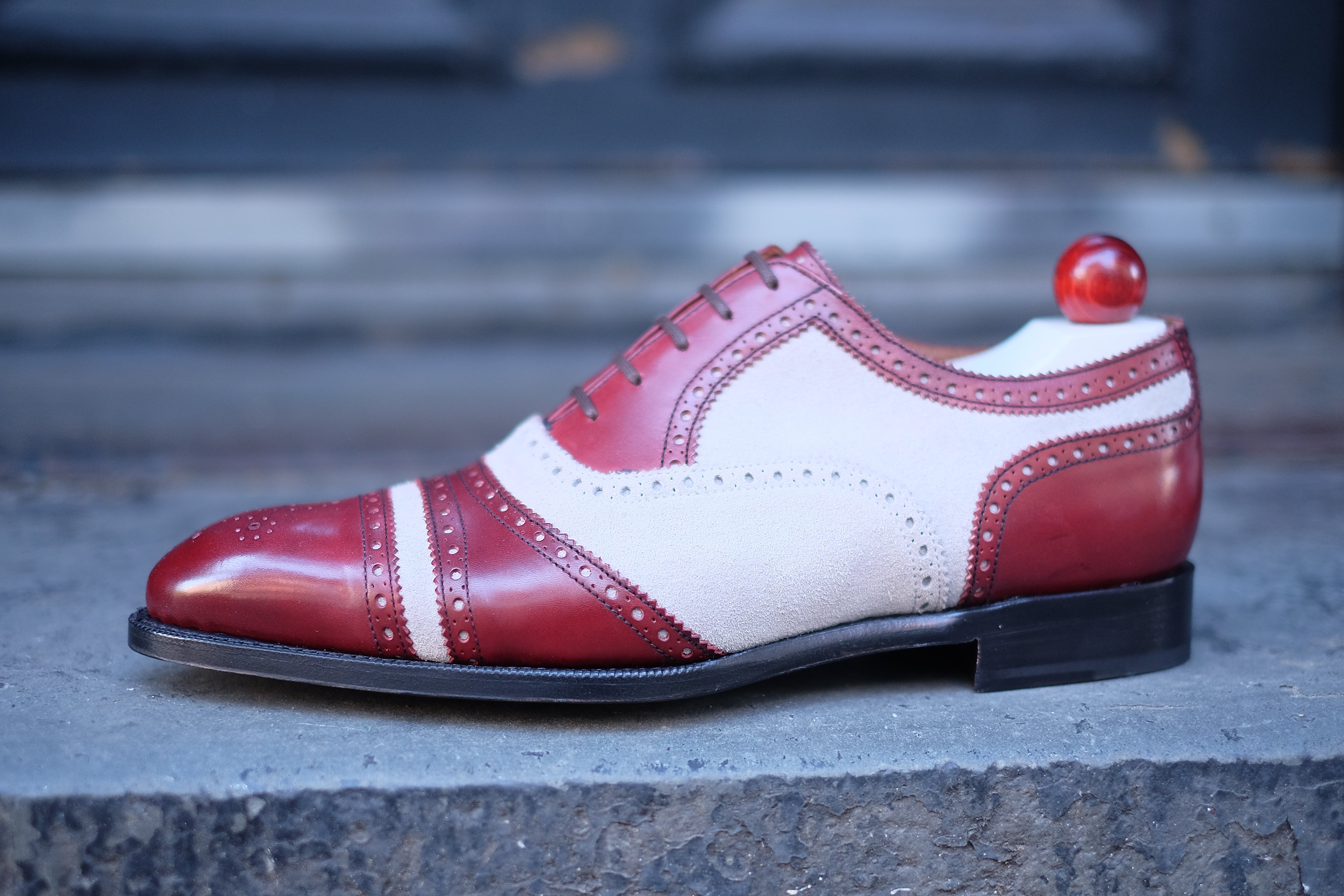 Phillips - MTO - Burgundy Calf / Pearl Suede-Made To Order Captoe Cap Toe Tarsal Brogue Spectator Oxfords-J.FitzPatrick Footwear