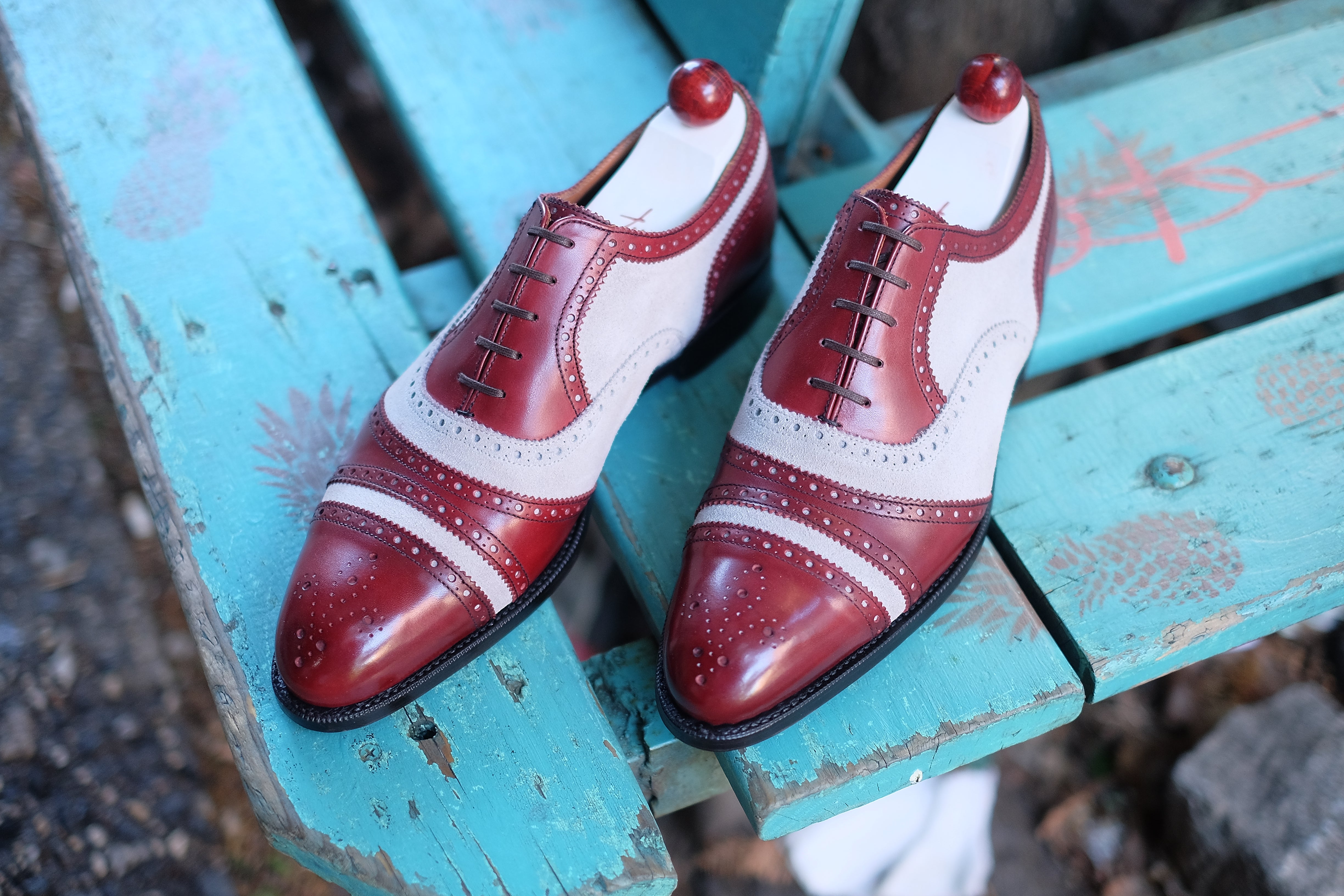 Phillips - MTO - Burgundy Calf / Pearl Suede-Made To Order Captoe Cap Toe Tarsal Brogue Spectator Oxfords-J.FitzPatrick Footwear