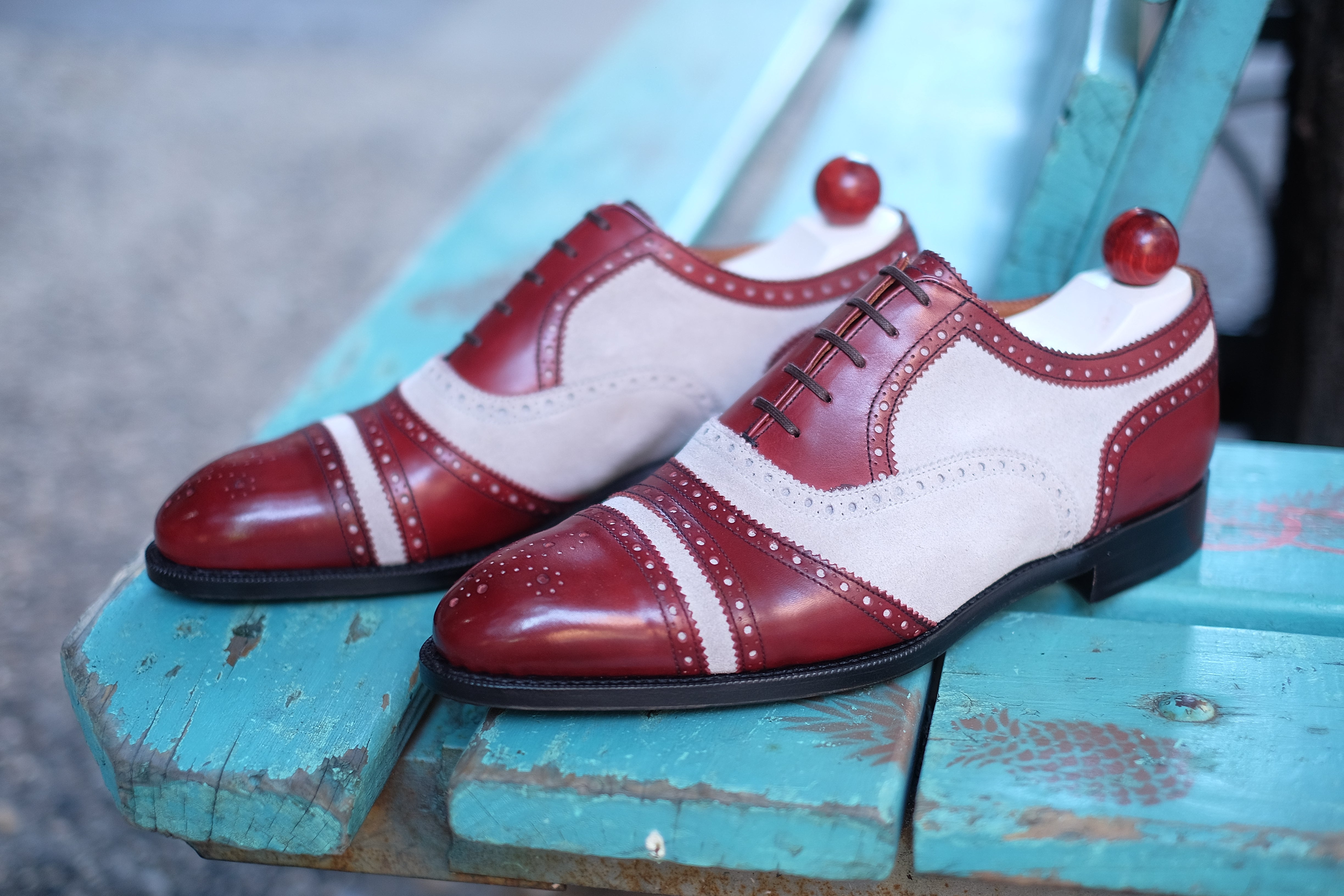 Phillips - MTO - Burgundy Calf / Pearl Suede-Made To Order Captoe Cap Toe Tarsal Brogue Spectator Oxfords-J.FitzPatrick Footwear