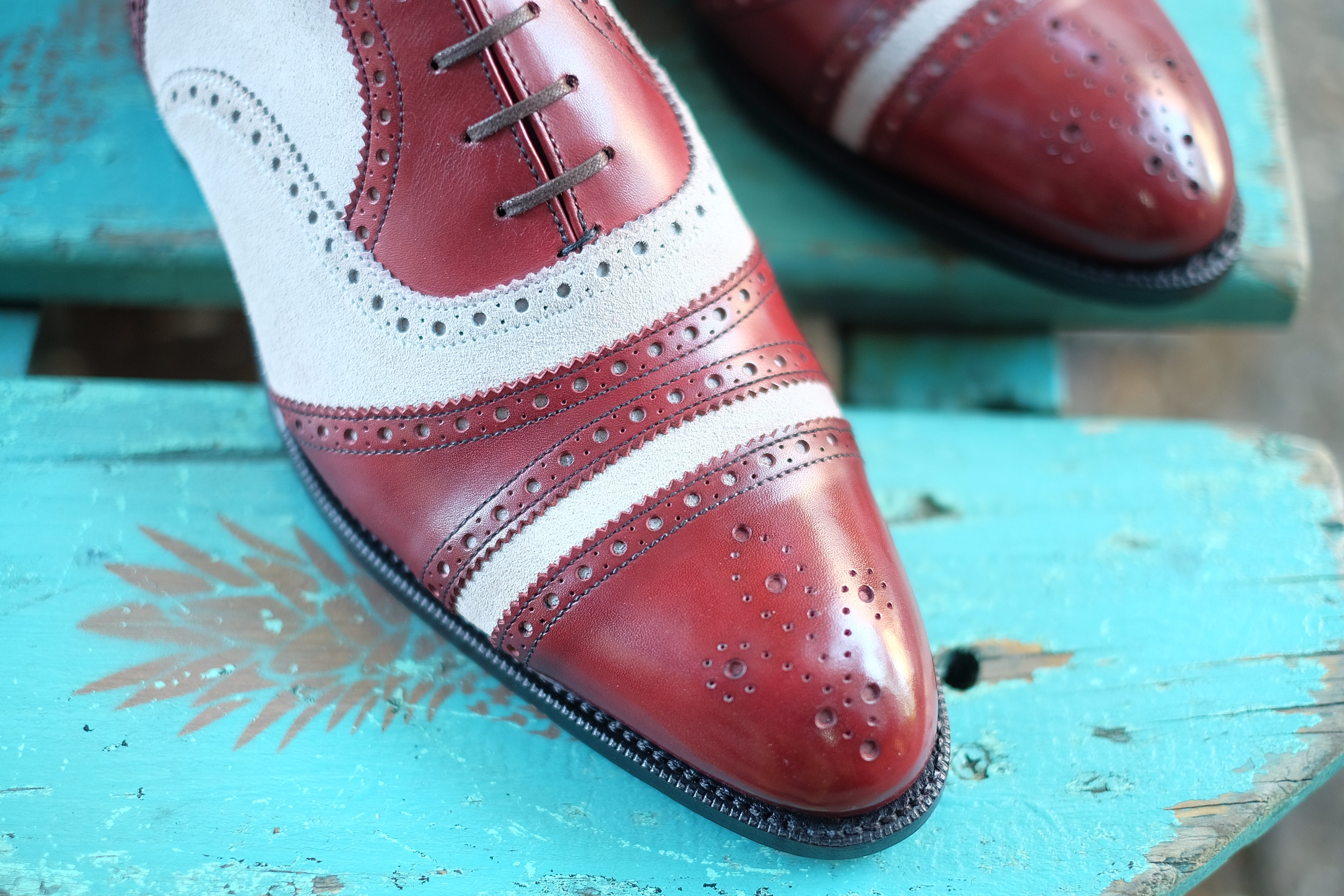 Phillips - MTO - Burgundy Calf / Pearl Suede-Made To Order Captoe Cap Toe Tarsal Brogue Spectator Oxfords-J.FitzPatrick Footwear