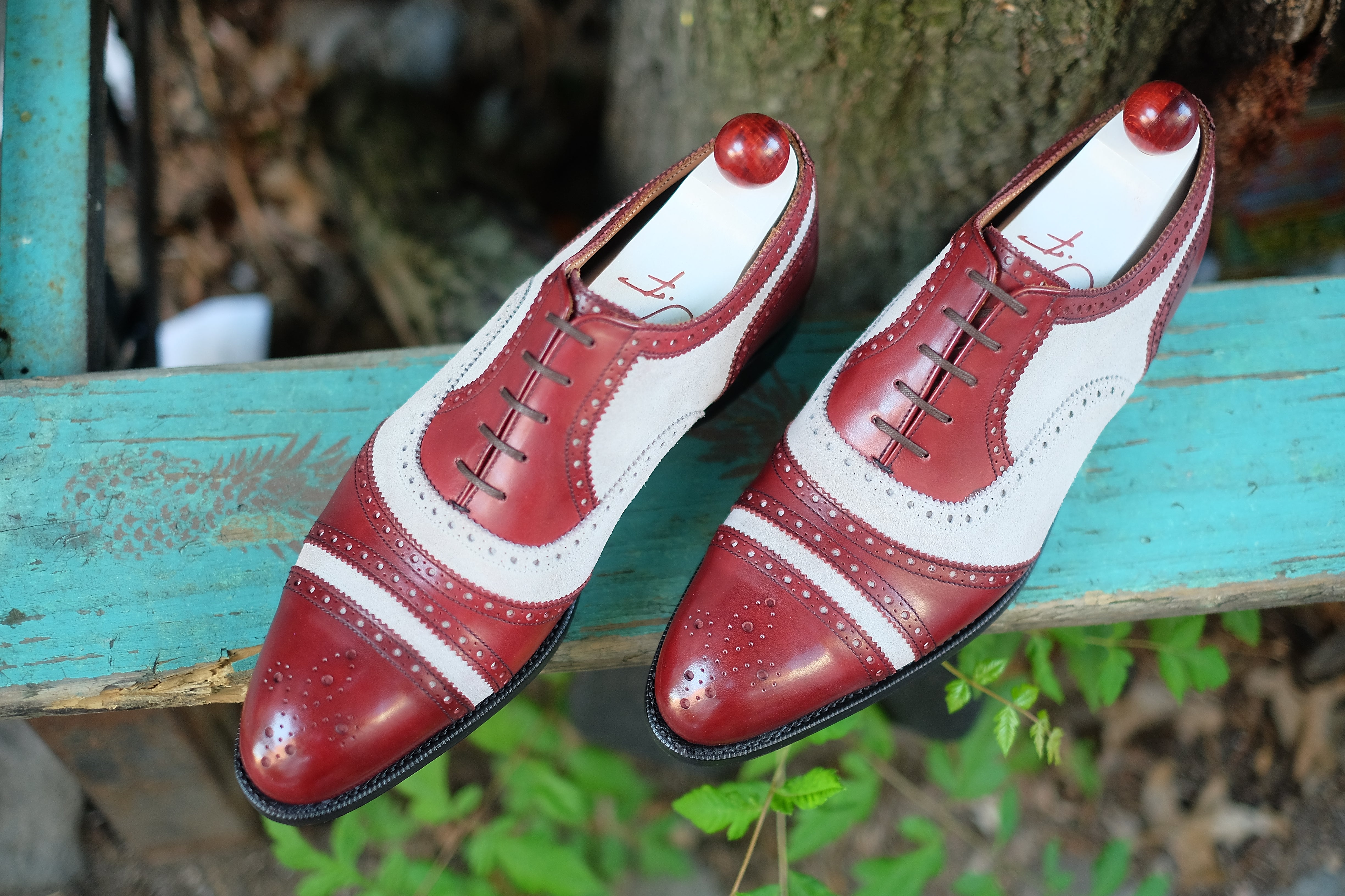 Phillips - MTO - Burgundy Calf / Pearl Suede-Made To Order Captoe Cap Toe Tarsal Brogue Spectator Oxfords-J.FitzPatrick Footwear