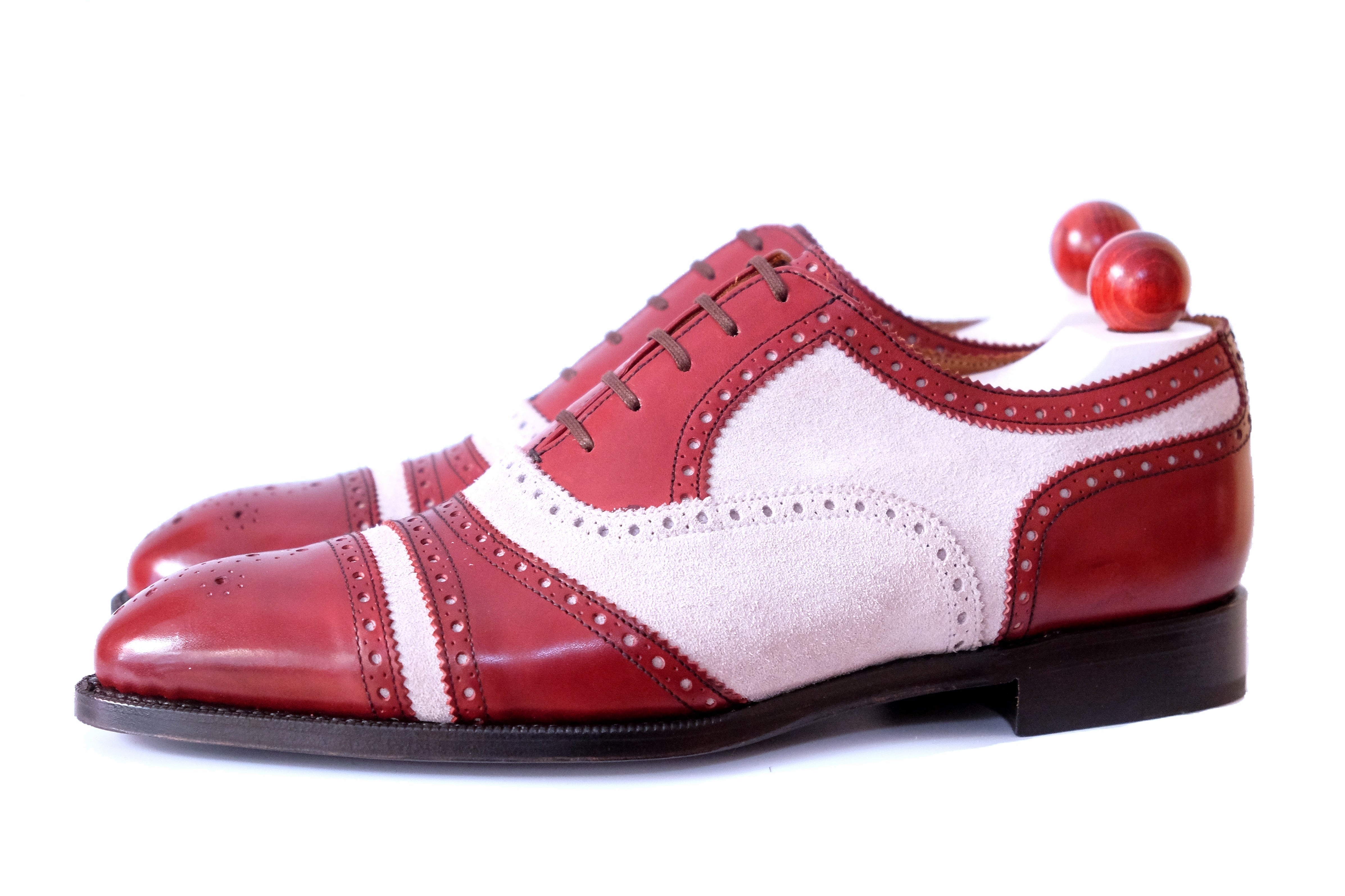Phillips - MTO - Burgundy Calf / Pearl Suede-Made To Order Captoe Cap Toe Tarsal Brogue Spectator Oxfords-J.FitzPatrick Footwear