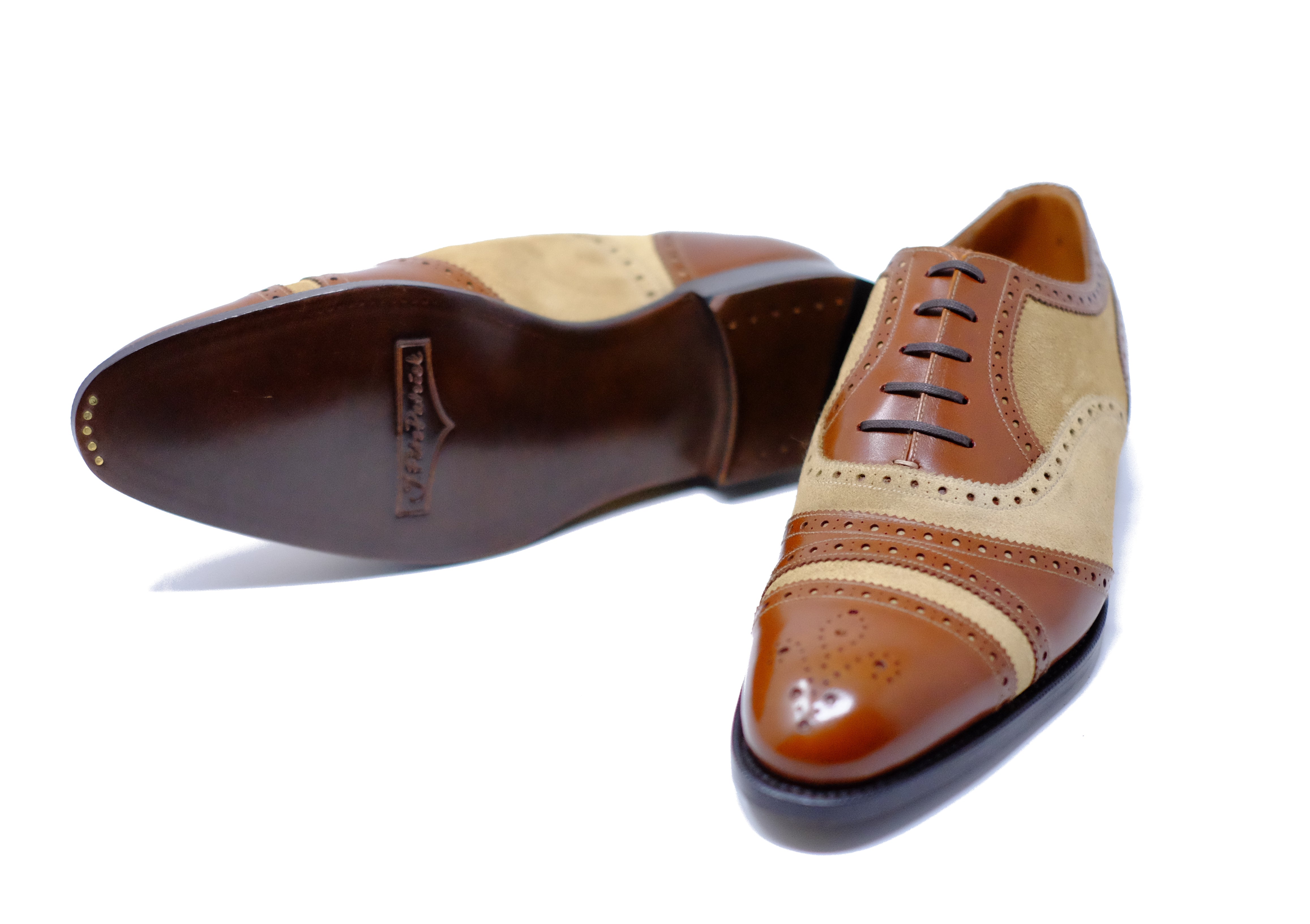 Phillips - MTO - Caramel Calf / Dark Cream Suede - NGT Last - Single Leather Sole-Made To Order Captoe Cap Toe Tarsal Brogue Spectator Oxfords-J.FitzPatrick Footwear