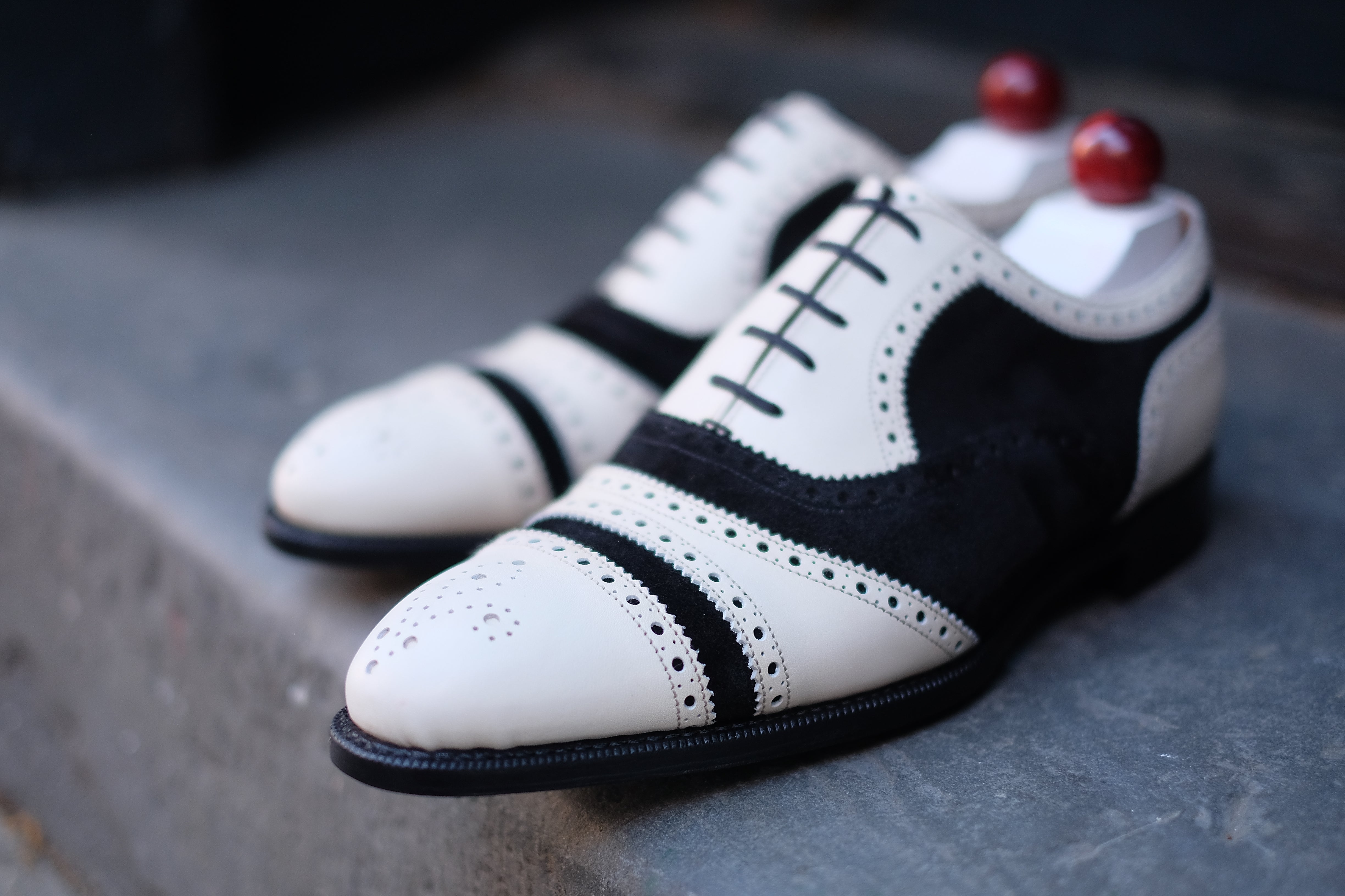 Phillips - MTO - Cream Calf / Black Suede-Made To Order Captoe Cap Toe Tarsal Brogue Spectator Oxfords-J.FitzPatrick Footwear