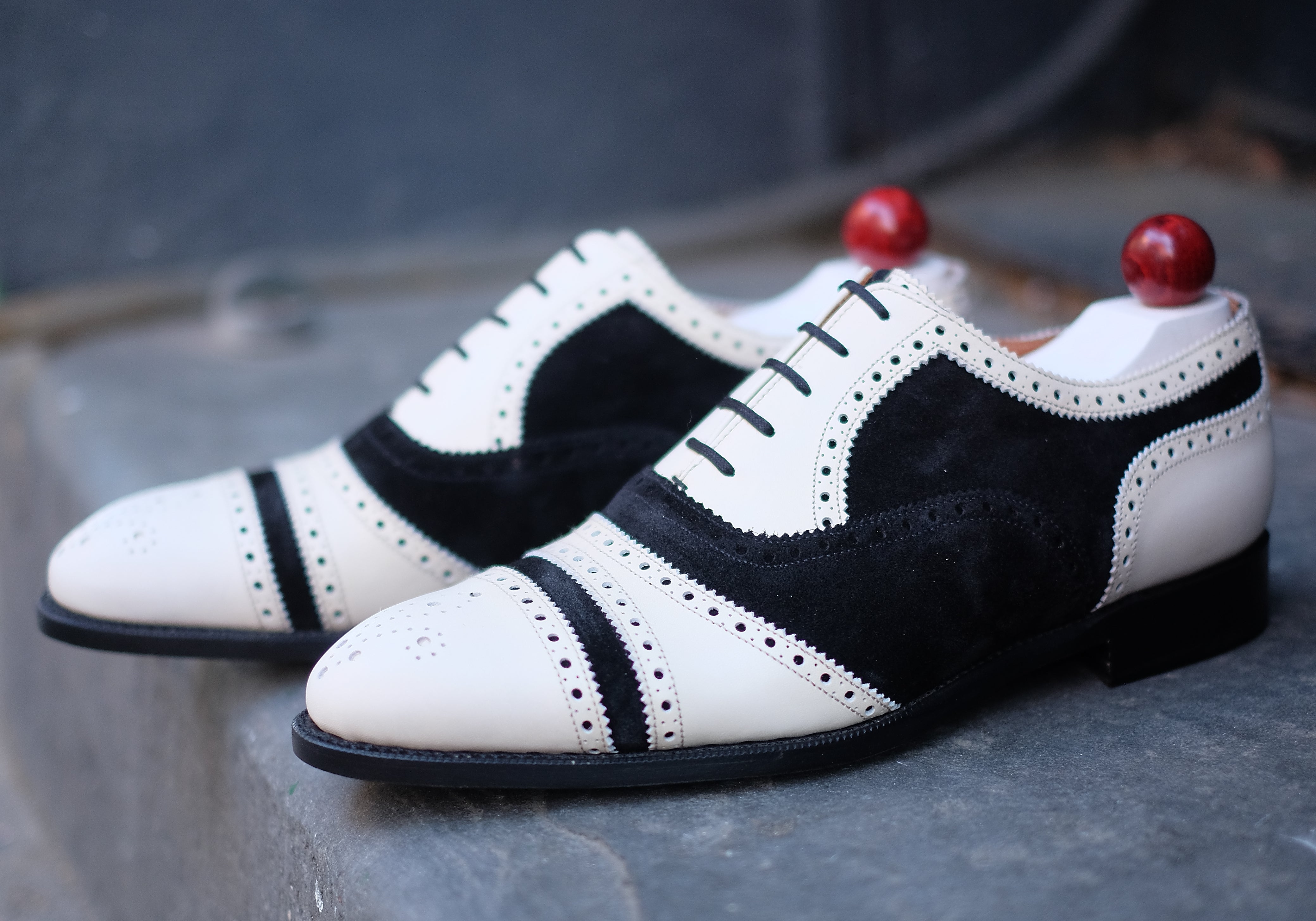 Phillips - MTO - Cream Calf / Black Suede-Made To Order Captoe Cap Toe Tarsal Brogue Spectator Oxfords-J.FitzPatrick Footwear