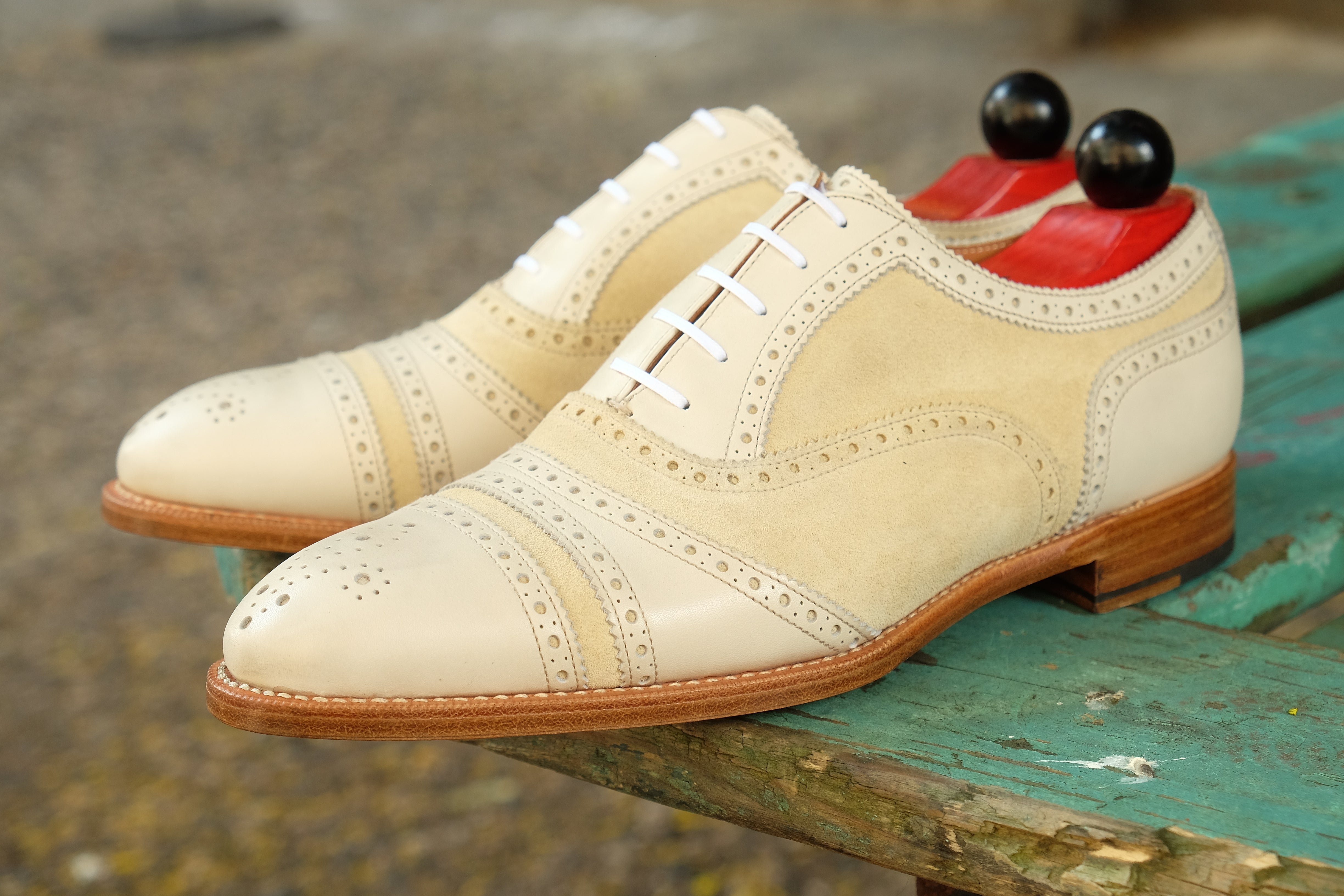 Phillips - MTO - Cream Calf / Cream Suede - NGT Last - Single Leather Sole-Made To Order Captoe Cap Toe Tarsal Brogue Spectator Oxfords-J.FitzPatrick Footwear