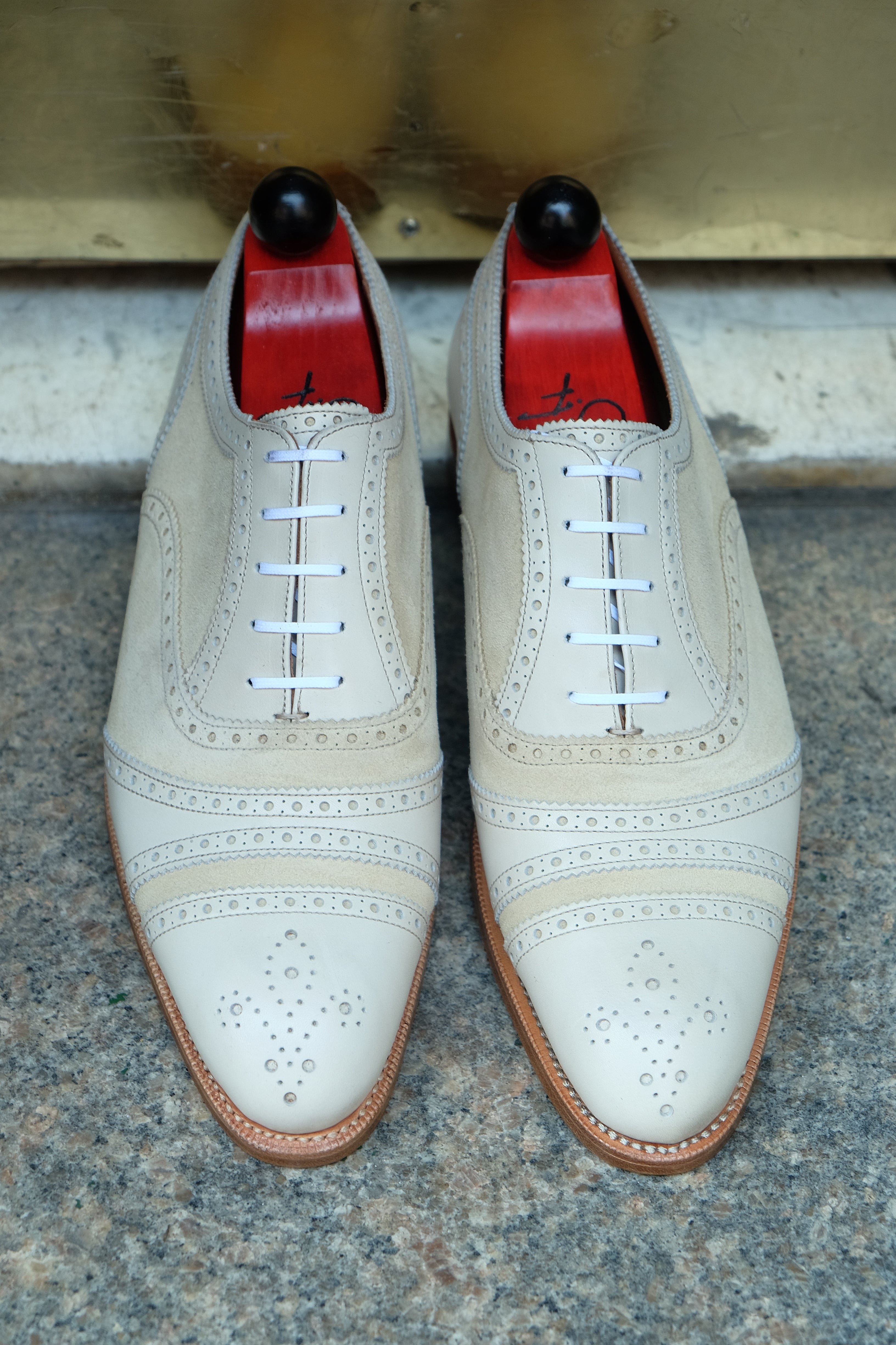 Phillips - MTO - Cream Calf / Cream Suede - NGT Last - Single Leather Sole-Made To Order Captoe Cap Toe Tarsal Brogue Spectator Oxfords-J.FitzPatrick Footwear