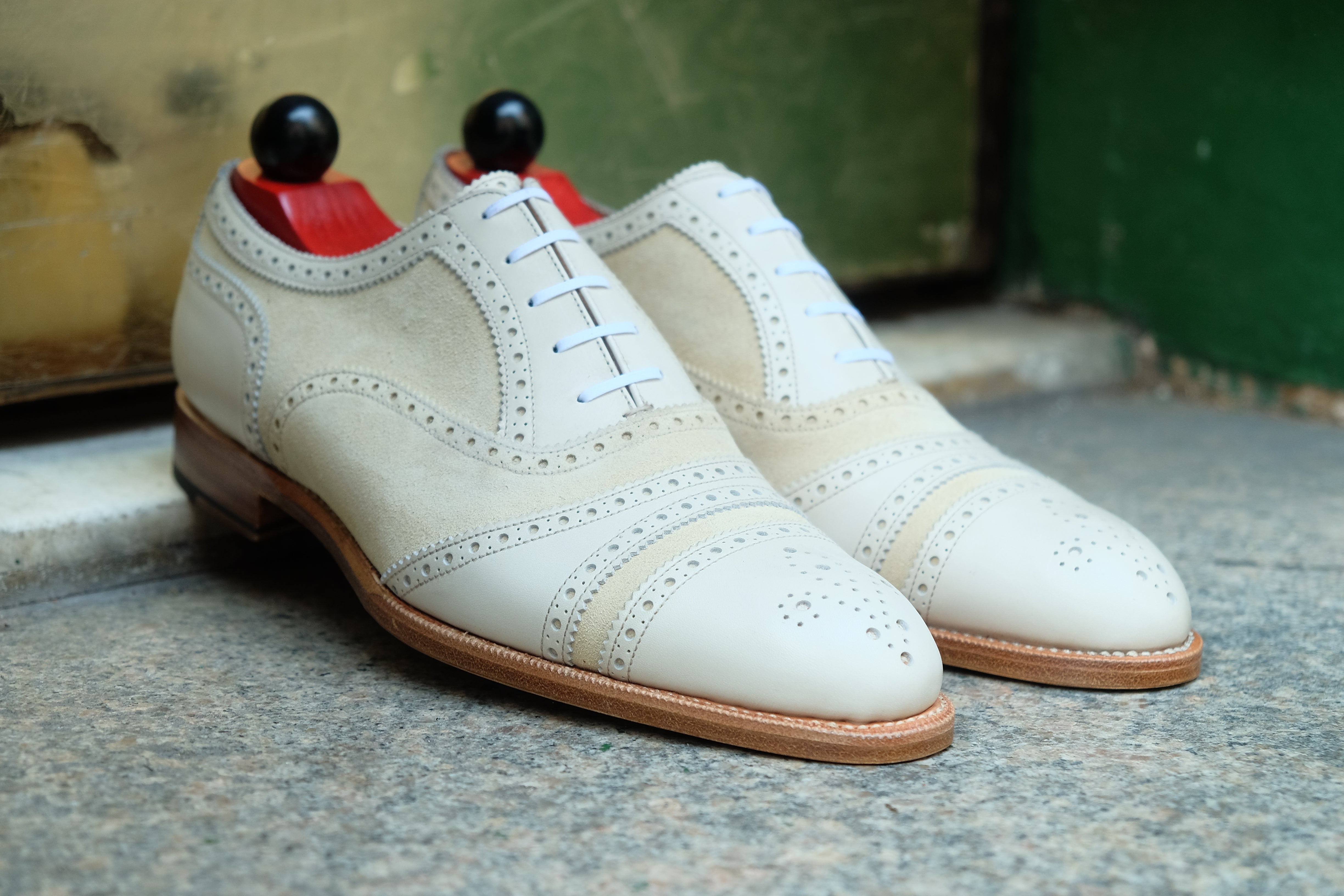Phillips - MTO - Cream Calf / Cream Suede - NGT Last - Single Leather Sole-Made To Order Captoe Cap Toe Tarsal Brogue Spectator Oxfords-J.FitzPatrick Footwear