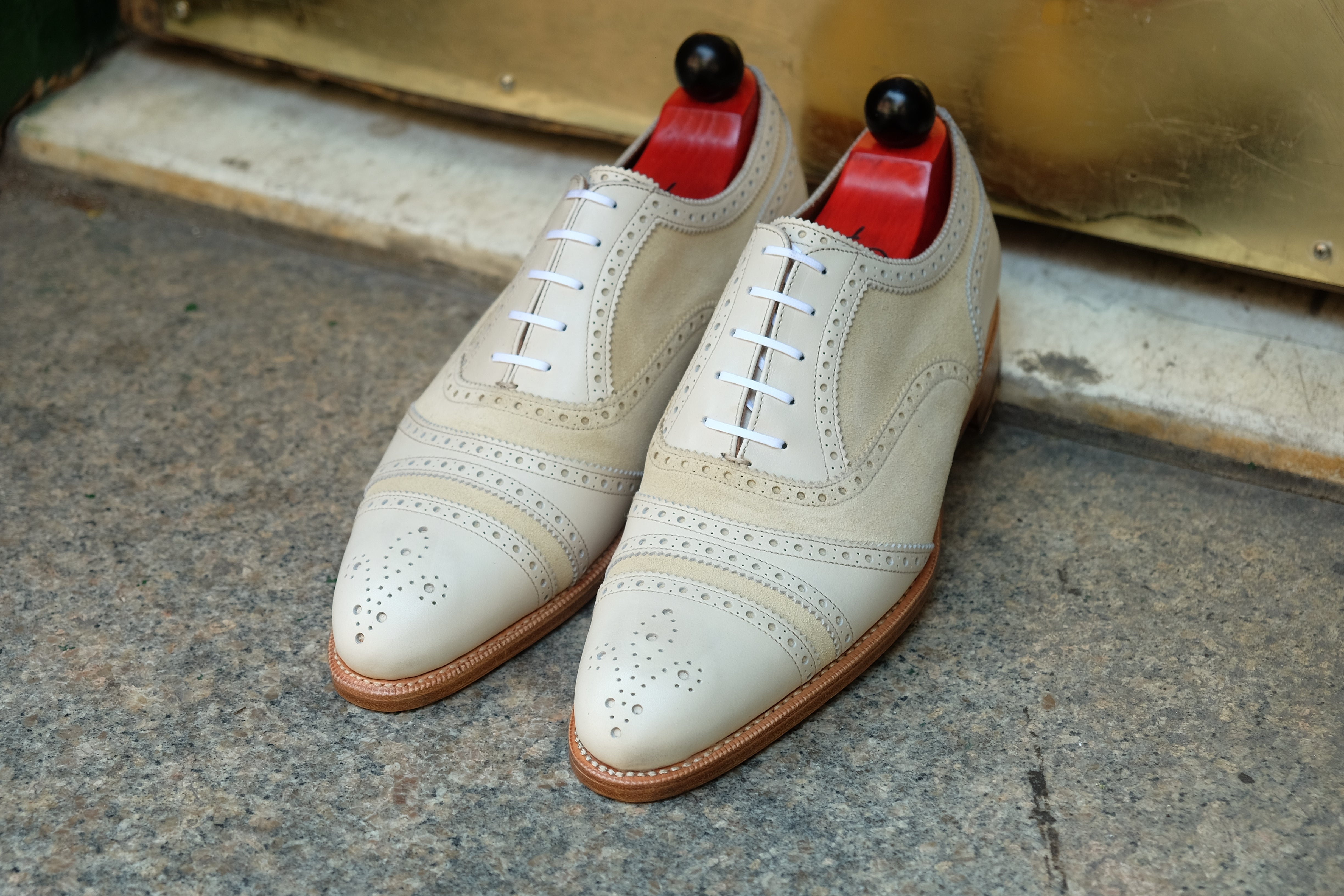 Phillips - MTO - Cream Calf / Cream Suede - NGT Last - Single Leather Sole-Made To Order Captoe Cap Toe Tarsal Brogue Spectator Oxfords-J.FitzPatrick Footwear