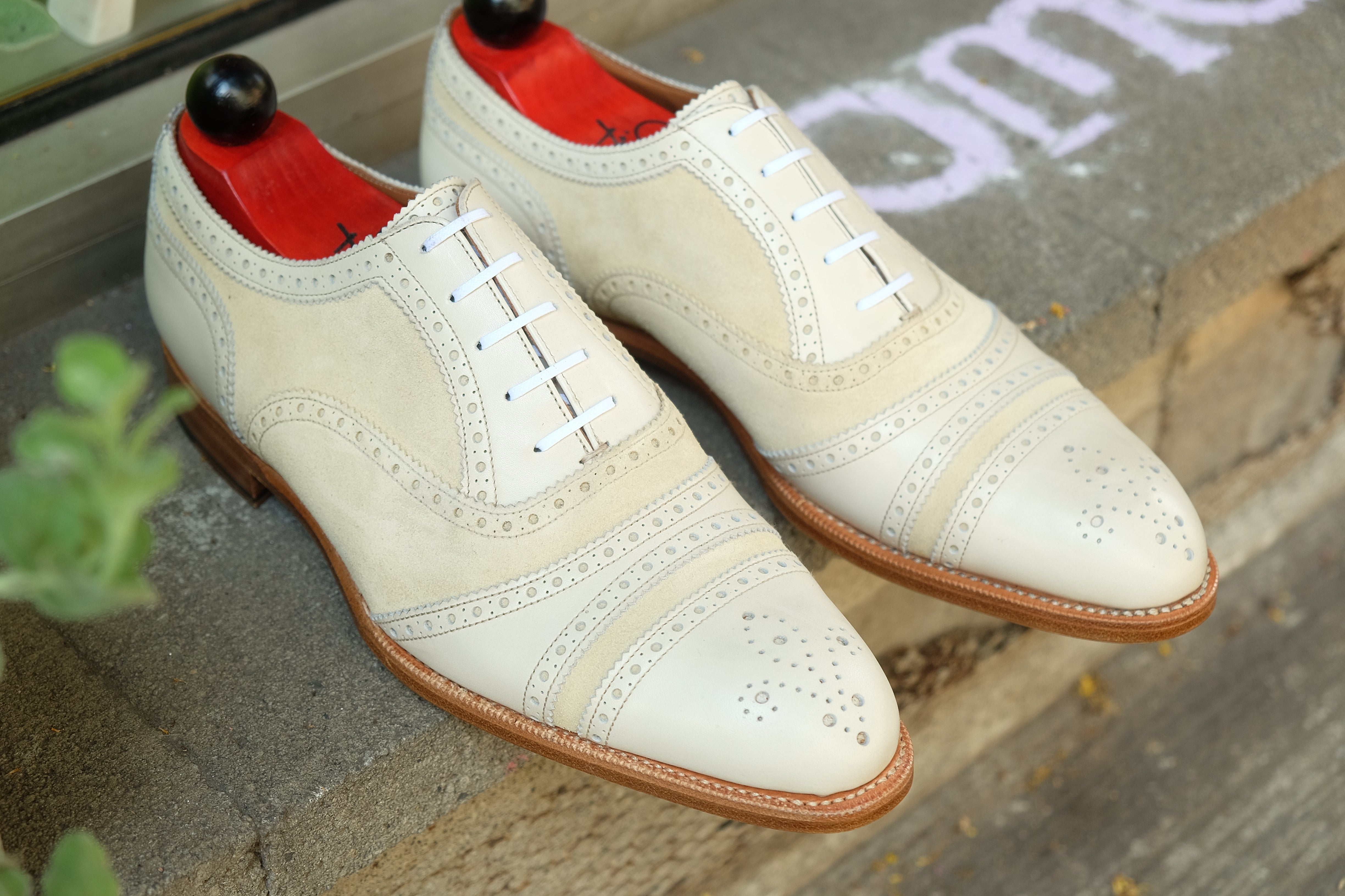 Phillips - MTO - Cream Calf / Cream Suede - NGT Last - Single Leather Sole-Made To Order Captoe Cap Toe Tarsal Brogue Spectator Oxfords-J.FitzPatrick Footwear