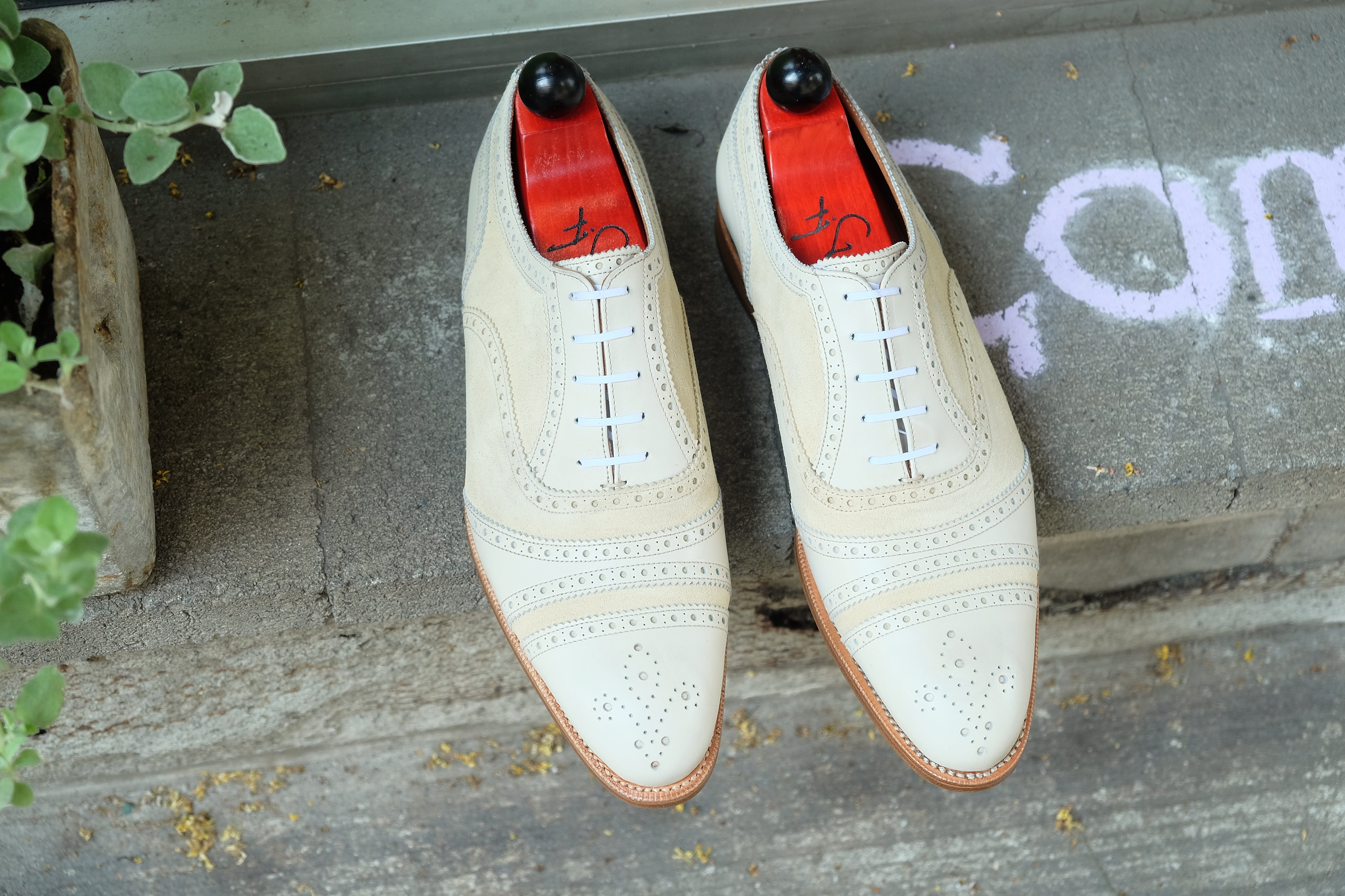 Phillips - MTO - Cream Calf / Cream Suede - NGT Last - Single Leather Sole-Made To Order Captoe Cap Toe Tarsal Brogue Spectator Oxfords-J.FitzPatrick Footwear