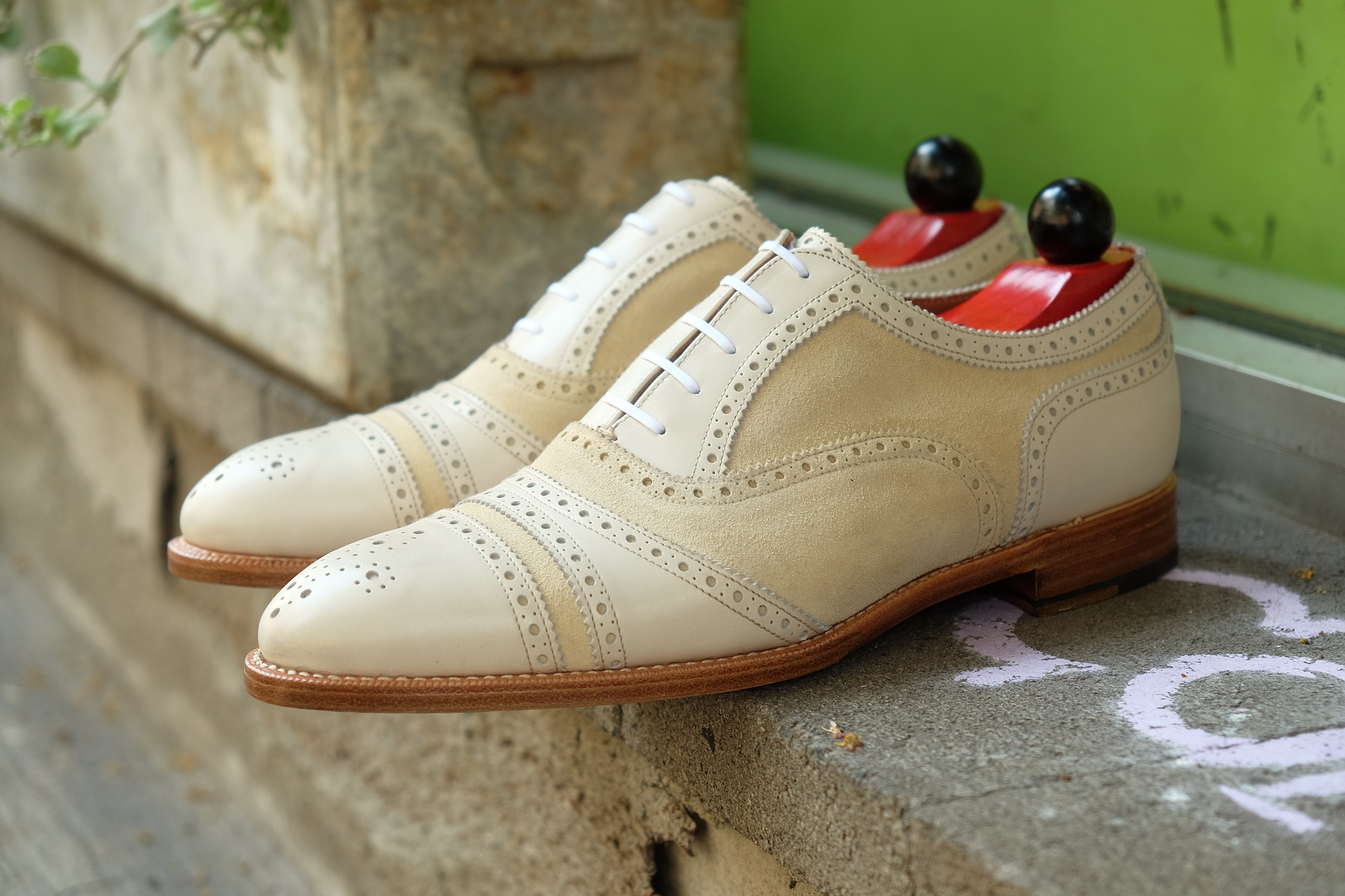Phillips - MTO - Cream Calf / Cream Suede - NGT Last - Single Leather Sole-Made To Order Captoe Cap Toe Tarsal Brogue Spectator Oxfords-J.FitzPatrick Footwear