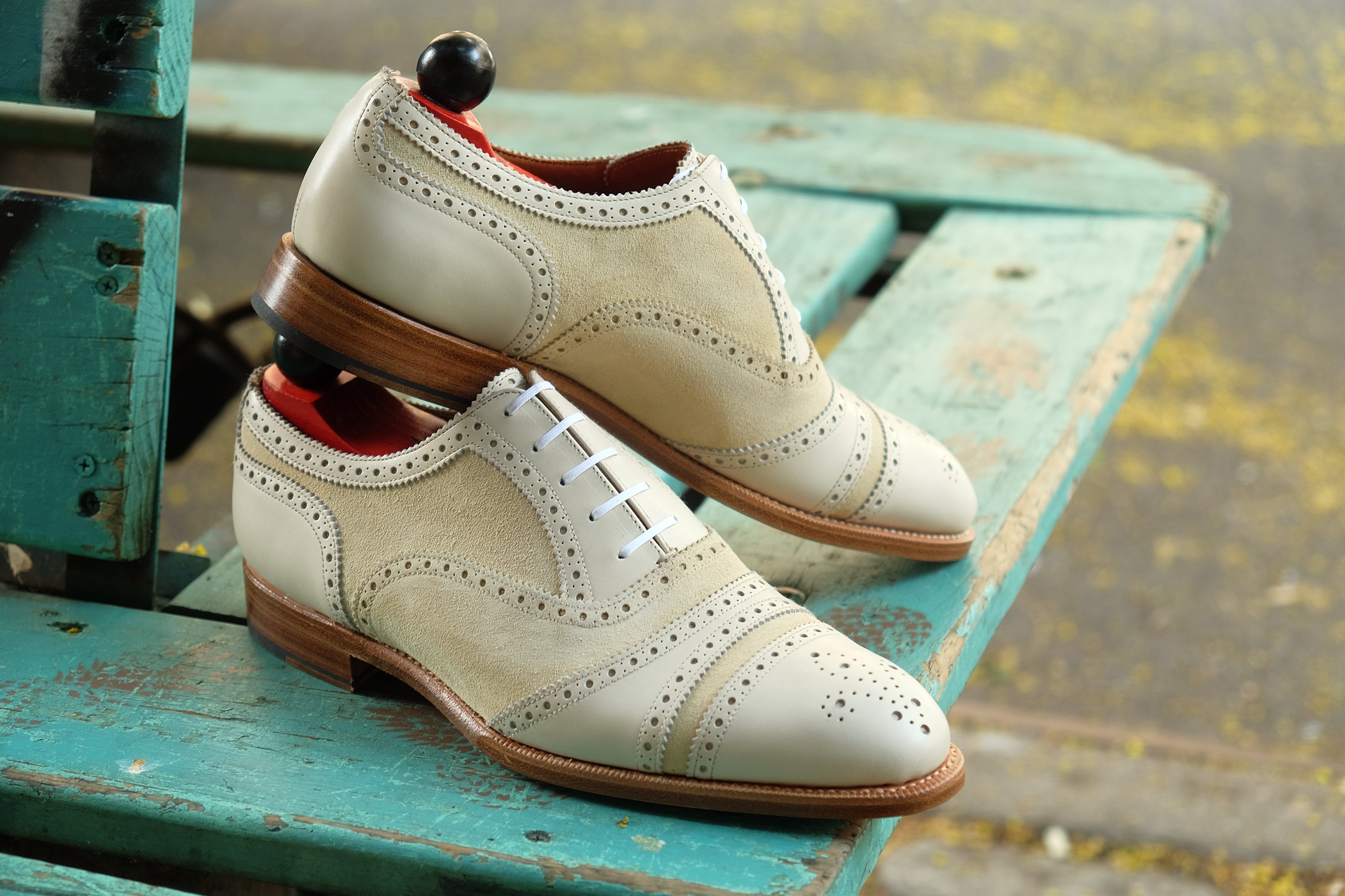 Phillips - MTO - Cream Calf / Cream Suede - NGT Last - Single Leather Sole-Made To Order Captoe Cap Toe Tarsal Brogue Spectator Oxfords-J.FitzPatrick Footwear