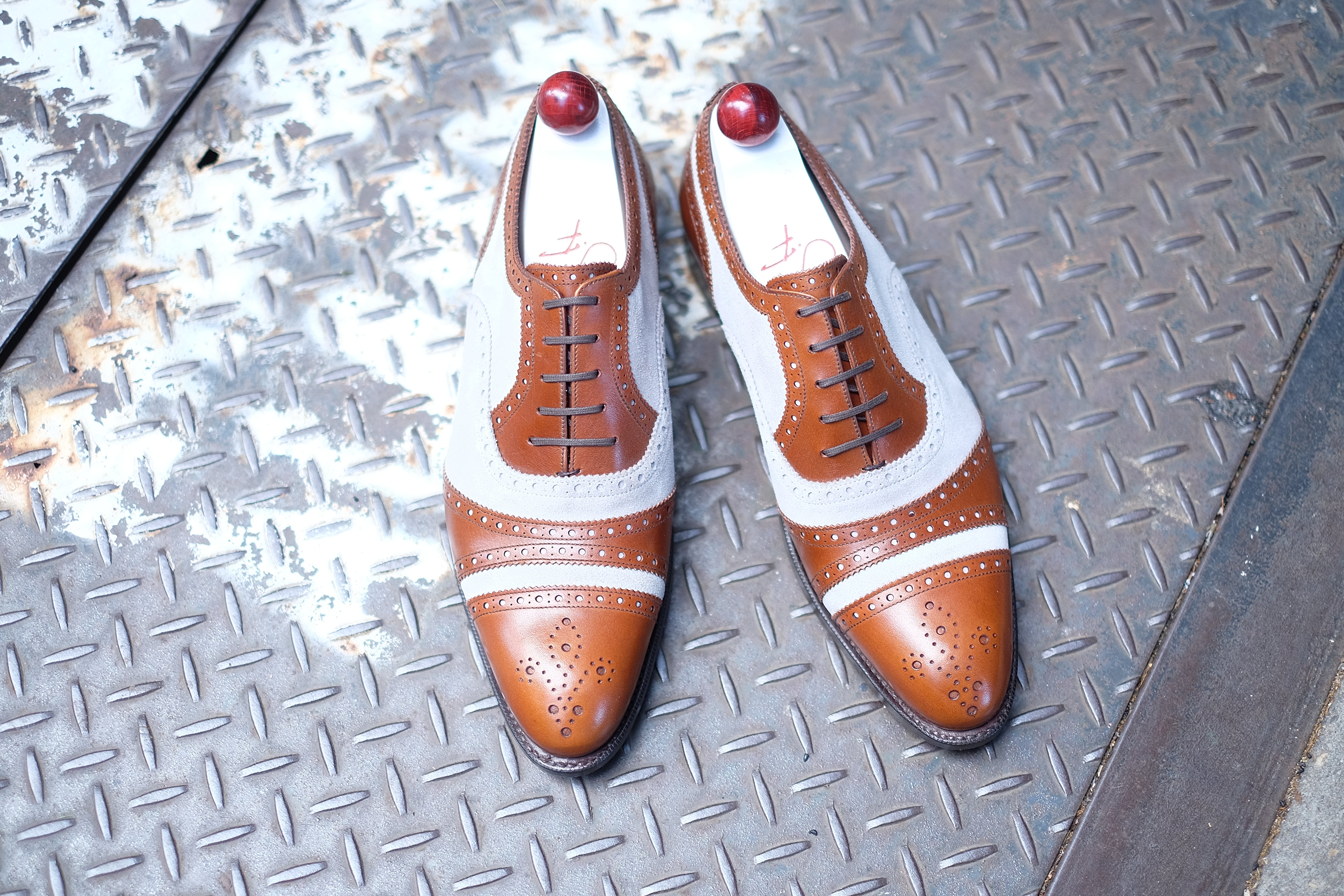 Phillips - MTO - Maple Calf / Pearl Suede-Made To Order Captoe Cap Toe Tarsal Brogue Spectator Oxfords-J.FitzPatrick Footwear