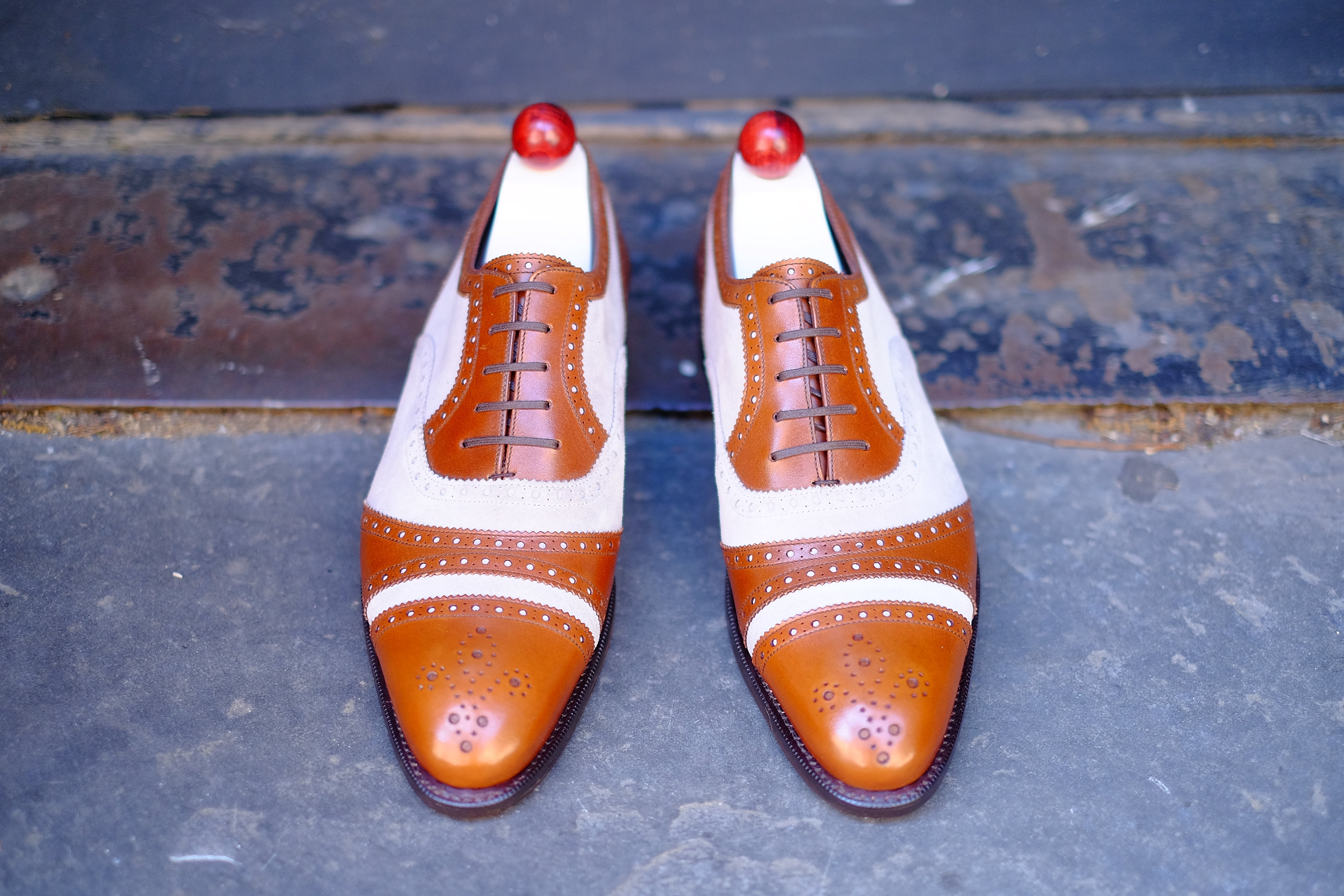 Phillips - MTO - Maple Calf / Pearl Suede-Made To Order Captoe Cap Toe Tarsal Brogue Spectator Oxfords-J.FitzPatrick Footwear